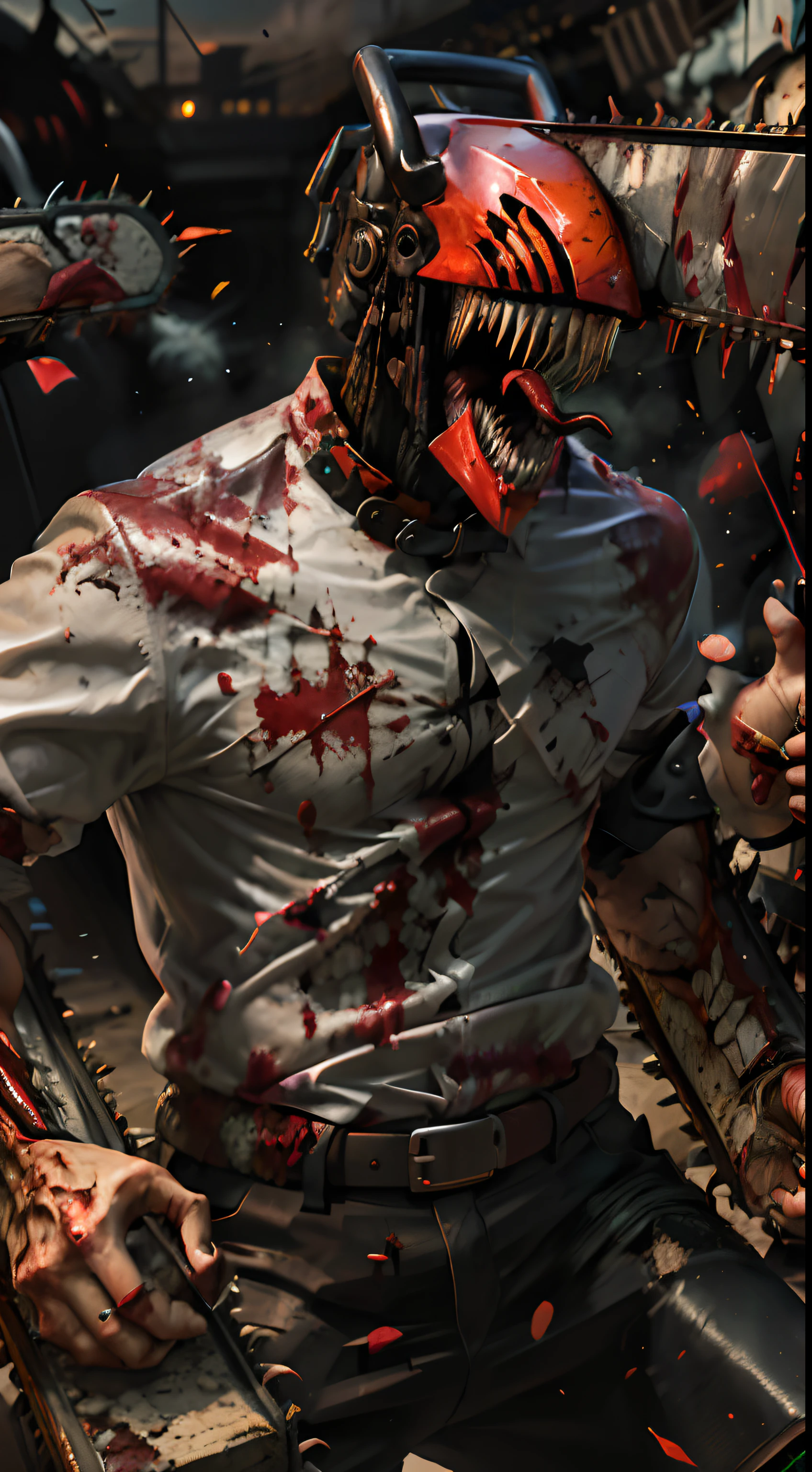 tmasterpiece, beste-Qualit, hight resolution, Monster Boy, DJB, sharp teeth, chainsaw, blood on the clothes, Blood on Weapon, shirt with collar, black pant, tongue sticking out,Rage