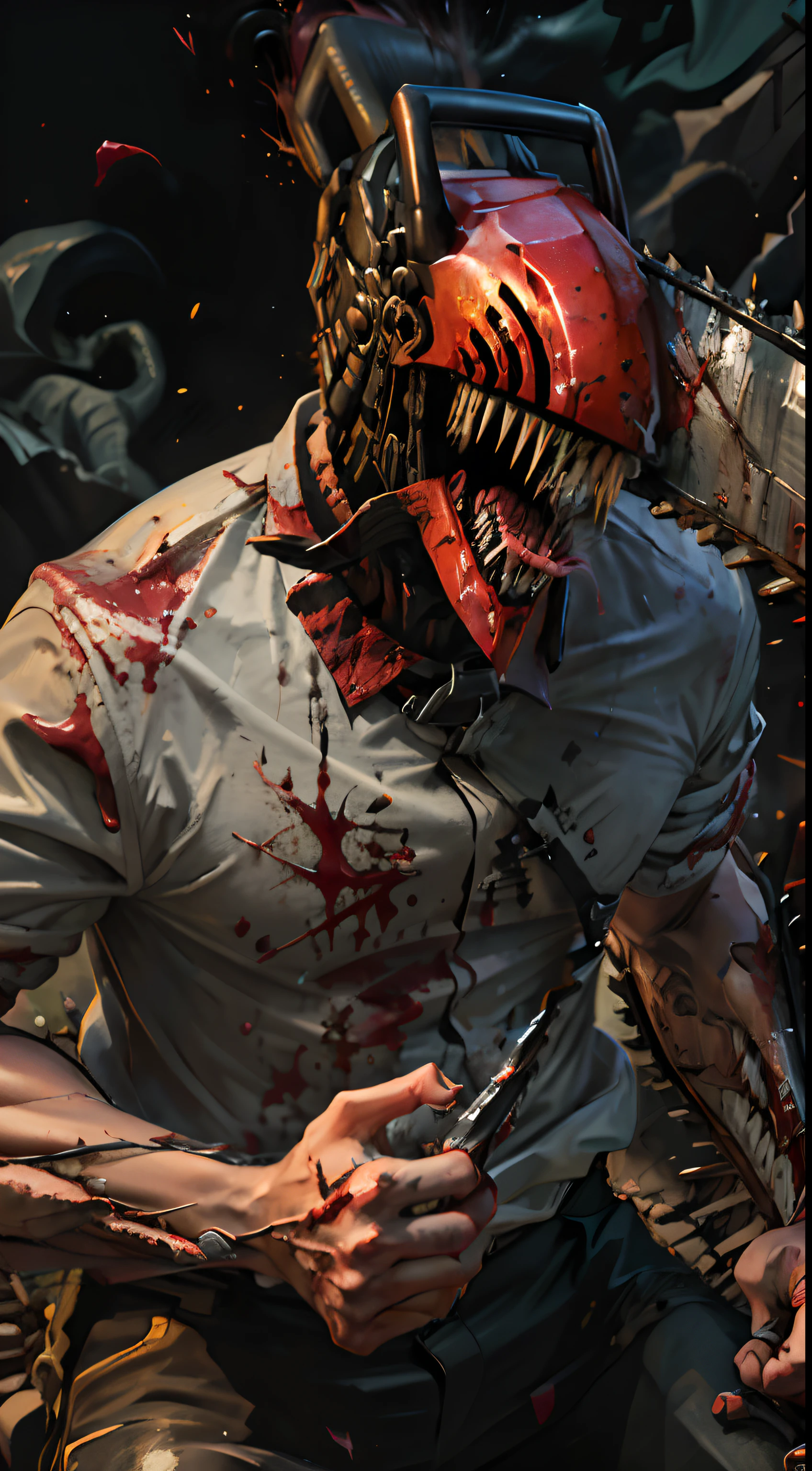 tmasterpiece, beste-Qualit, hight resolution, Monster Boy, DJB, sharp teeth, chainsaw, blood on the clothes, Blood on Weapon, shirt with collar, black pant, tongue sticking out,Rage