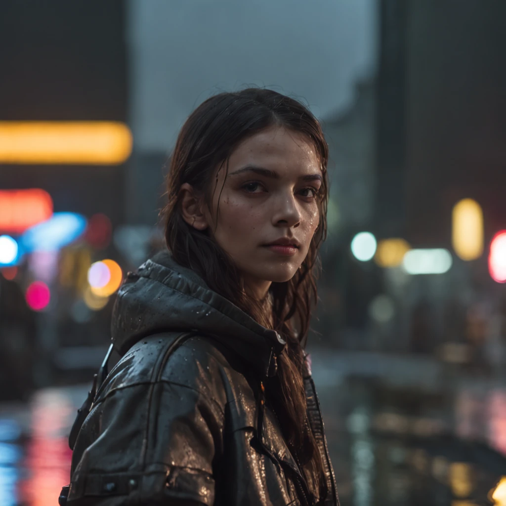 A profile picture for a Facebook page about gaming, apresentando um personagem cyberpunk em um beco escuro e futurista, chuva intensa caindo, neon lights reflecting in puddles, Determined character expression, Detailed technological apparel, fotografia, DSLR camera with 50mm lens, abertura f/1.8, --AR 16:9 --V 5