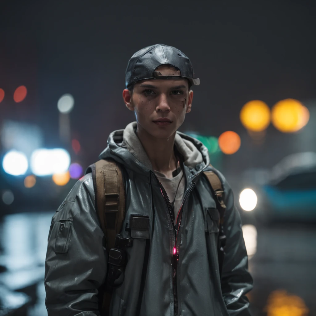 A profile picture for a Facebook page about gaming, apresentando um personagem cyberpunk em um beco escuro e futurista, chuva intensa caindo, neon lights reflecting in puddles, Determined character expression, Detailed technological apparel, fotografia, DSLR camera with 50mm lens, abertura f/1.8, --AR 16:9 --V 5