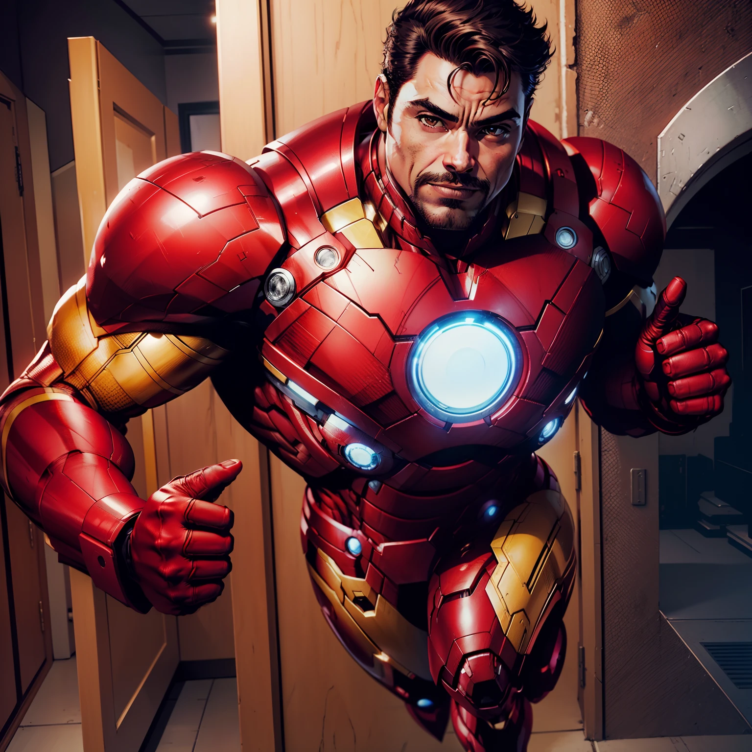 (obra-prima, melhor qualidade: 1.2), solo, foco masculino, iron man , macho musculoso, sorriso, olhando para o espectador, corpo todo, iron mansuit, bodysuit vermelho, full body