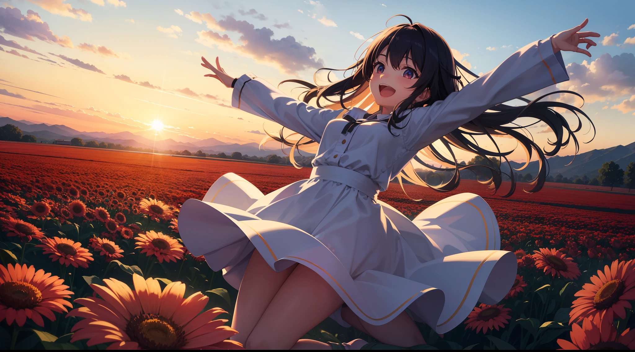 A joyous anime girl in the middle of a very big flower field, jumping with her hands above her head while watching the sun go down over the horizon. Her back is towards the camera. It's evening due to which the upper sky is bluish. Faraway shot. 2d.