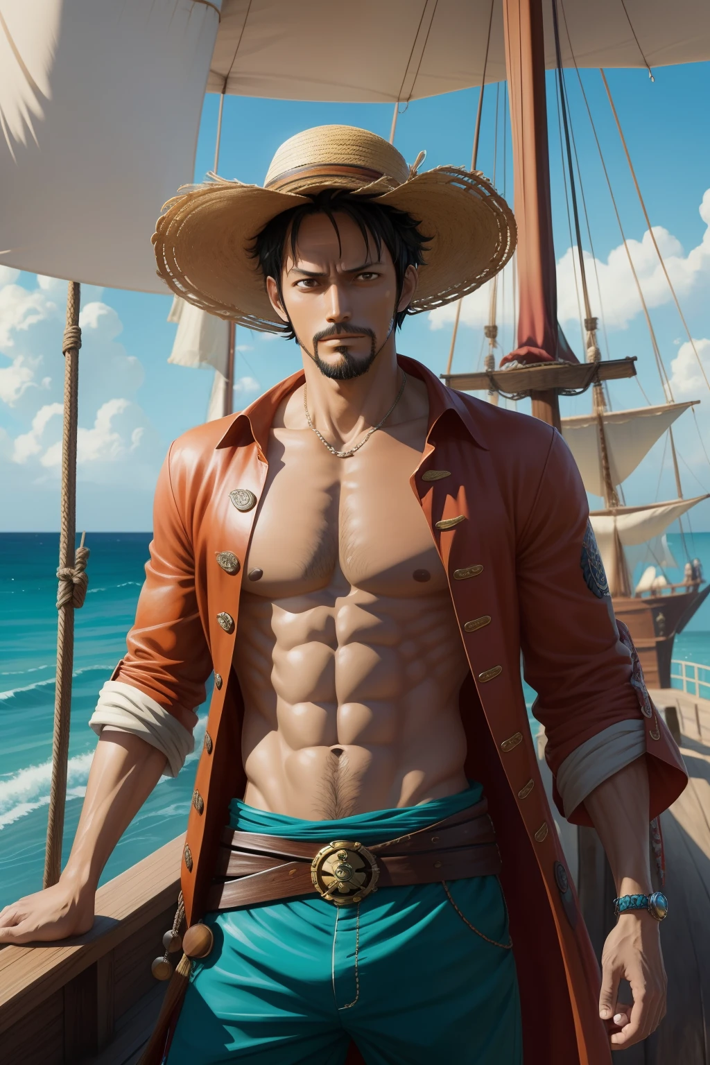 One Piece,Luffy wears a straw hat,lbeard,aged 40,Delicate facial features,Handsome,frontage,Stand on a pirate ship,The sea and turquoise sky,japanese manga,anime big breast,2D,Ambient,Handsome,Popular digital painting, realistic digital art, highly detailed digital painting,insanely details,Japanese anime,Particle,Ambient,best qualityer,super-fine,Artistically,romanticism lain,hyper HD,16K Ultra HD,dream magical