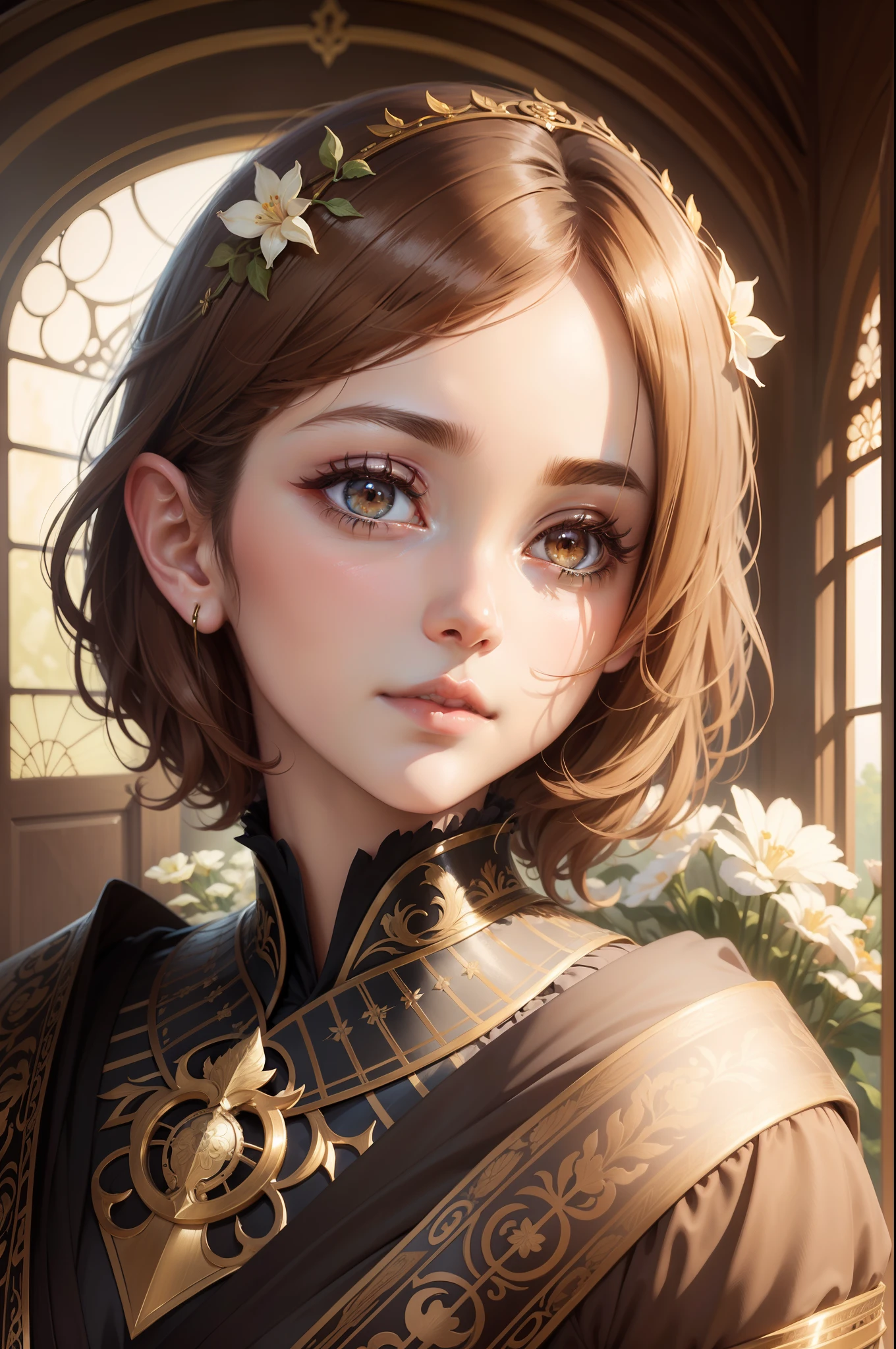 Official Art, Masterpiece European female face,elvish, short hair, lightbrown hair , brown eyes , Flower Frame ,Decorative panel , jugendstil , (masterpiece、top-quality、hight resolution: 1.4),in 8K, Drawing of a woman with short lightbrown hair, Anime Art Nouveau, highly detailed exquisite fanart, anime fantasy illustration, clean detailed anime art, detailed anime art, Sharp Focus, Delicate Beautiful Hair and Eyes and Face, realisitic, ultra-detailliert, a beauty girl,