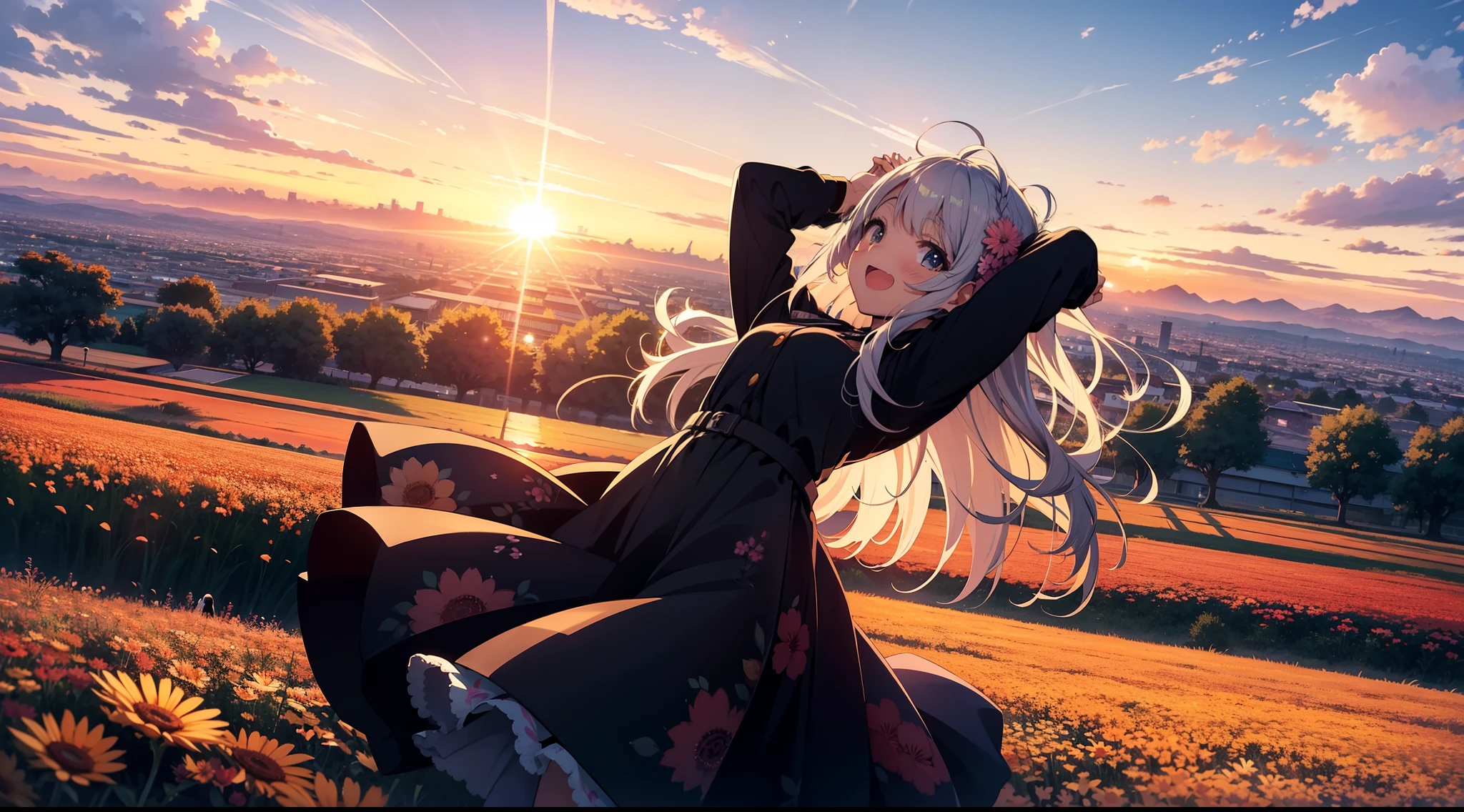 A joyous anime girl in the middle of a very big flower field, jumping with her hands above her head while watching the sun go down over the horizon. Her back is towards the camera. She is looking at sunset. It's evening due to which the upper sky is bluish. Faraway shot. 2d.