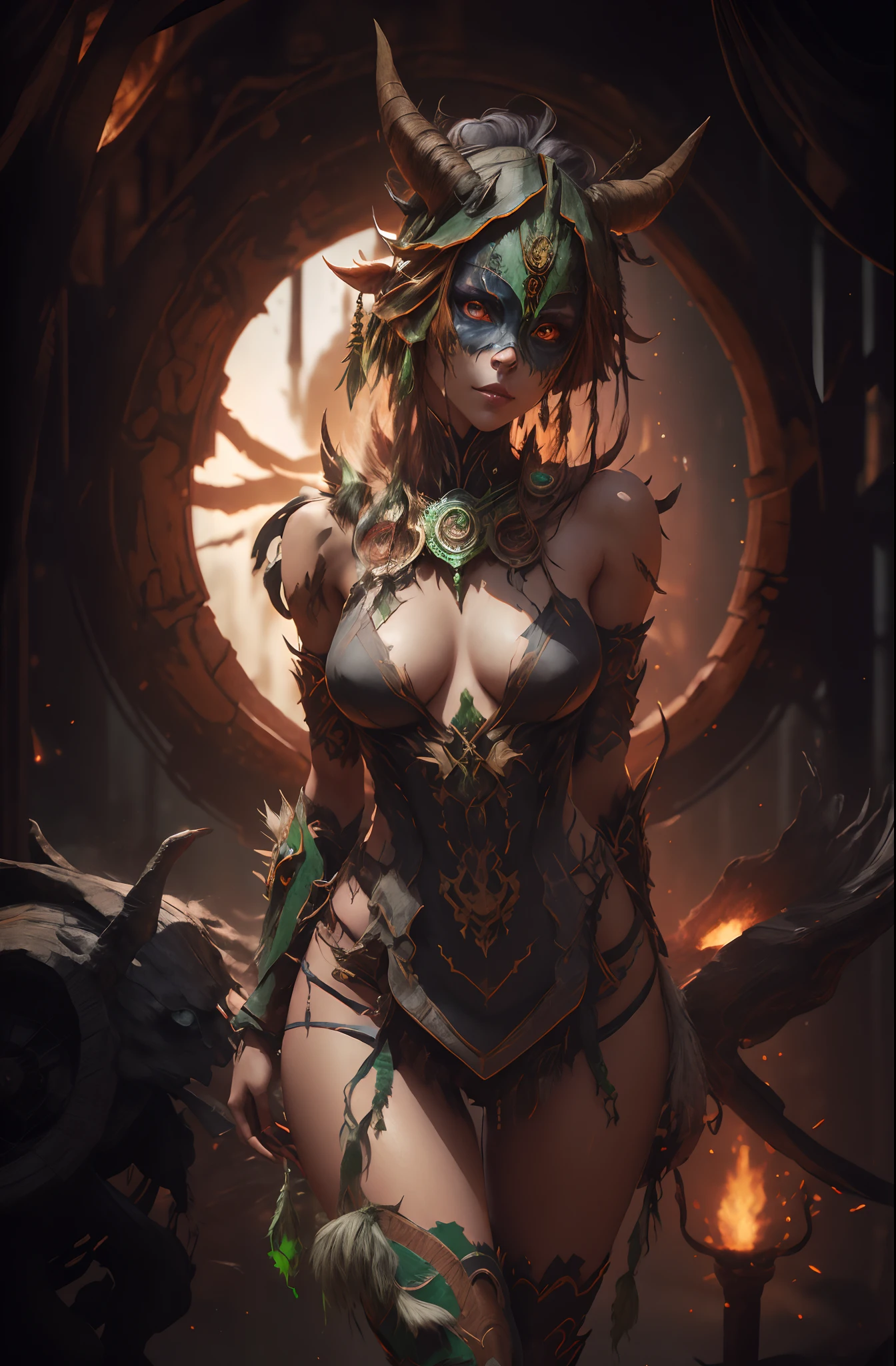 sh4g0d,
Beautiful girl shaman, wearing mask made of wood, portrait, standing in an s-shape, green ringlets, sexy breast, 4k , great details and colours