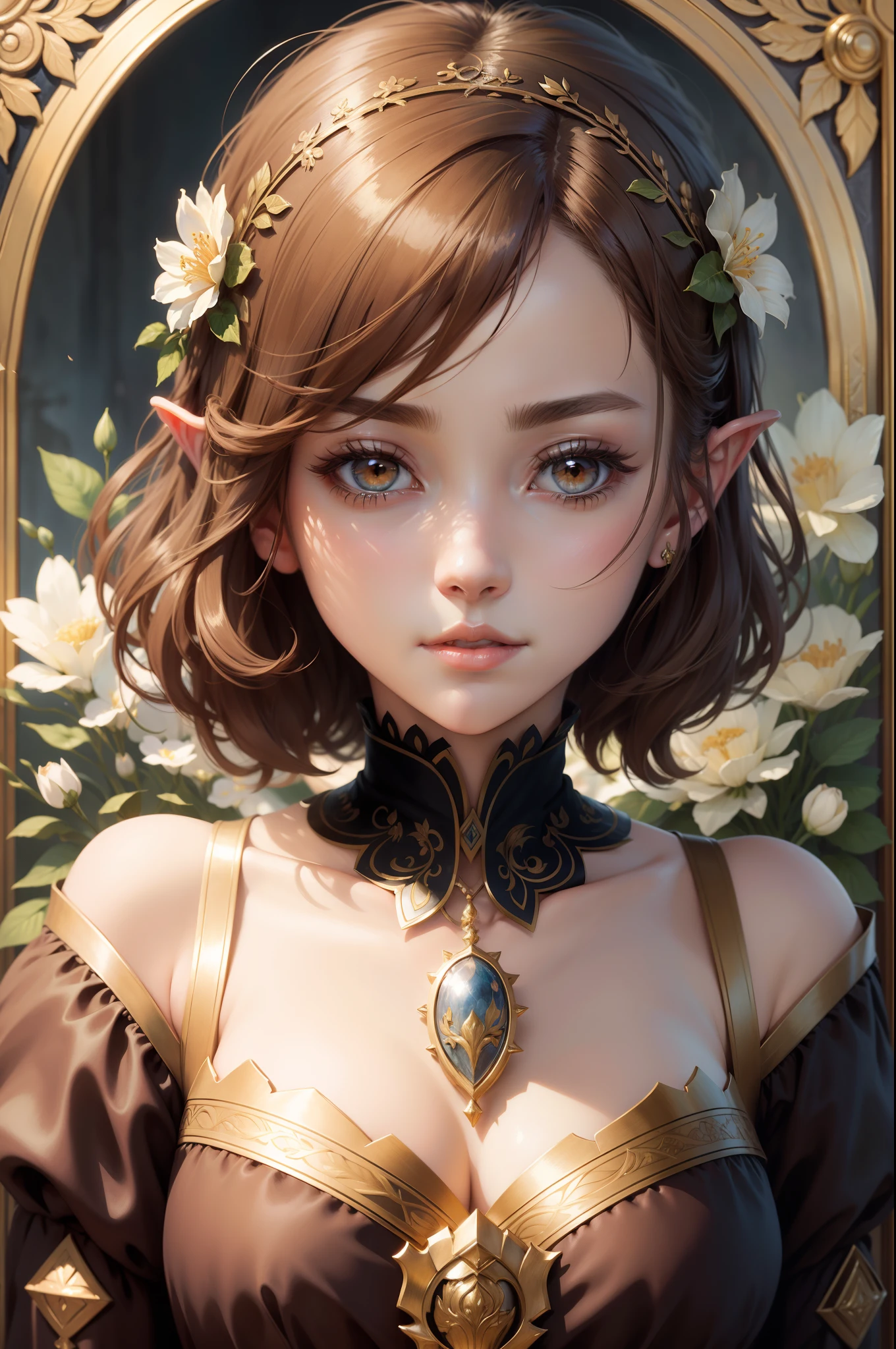 Official Art, Masterpiece European female face,elvish, short hair, lightbrown hair , brown eyes , Flower Frame ,Decorative panel , jugendstil , (​masterpiece、top-quality、hight resolution: 1.4),in 8K, Drawing of a woman with short lightbrown hair, Anime Art Nouveau, highly detailed exquisite fanart, anime fantasy illustration, clean detailed anime art, detailed anime art, Sharp Focus, Delicate Beautiful Hair and Eyes and Face, realisitic, ultra-detailliert, a beauty girl,