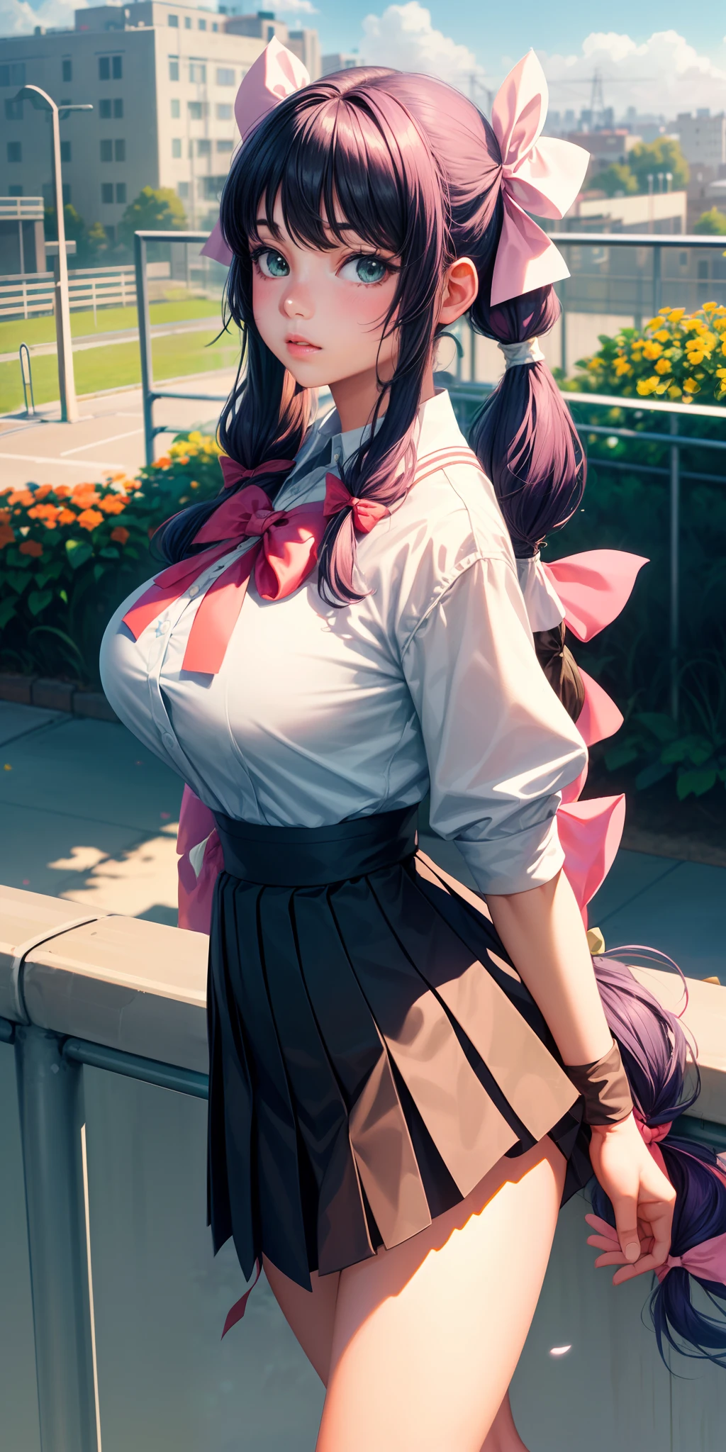 big breasts, ((1girl)), ((colored hair, long wavy hair with bangs)) ((((long pigtails, ribbon bow)))) ((((1girl, solo))))) (( 20 years old)) green eyes, has an extremely sexy body, with full breasts and a thin waist, and an extremely sexy body, stylish school uniform a little open in the breasts, low-cut pleated skirt with delicate fabric, has a bold look. young, quality, realistic, great quality, ((((perfect face)))) cute expression, soft lips, calm expression, absent-minded, park, grass garden in the distance, lying on delicate woven cloth, walking in the street, flowers, day sunny, clouds, (((school terrace))), (((view outside the guardrail)))