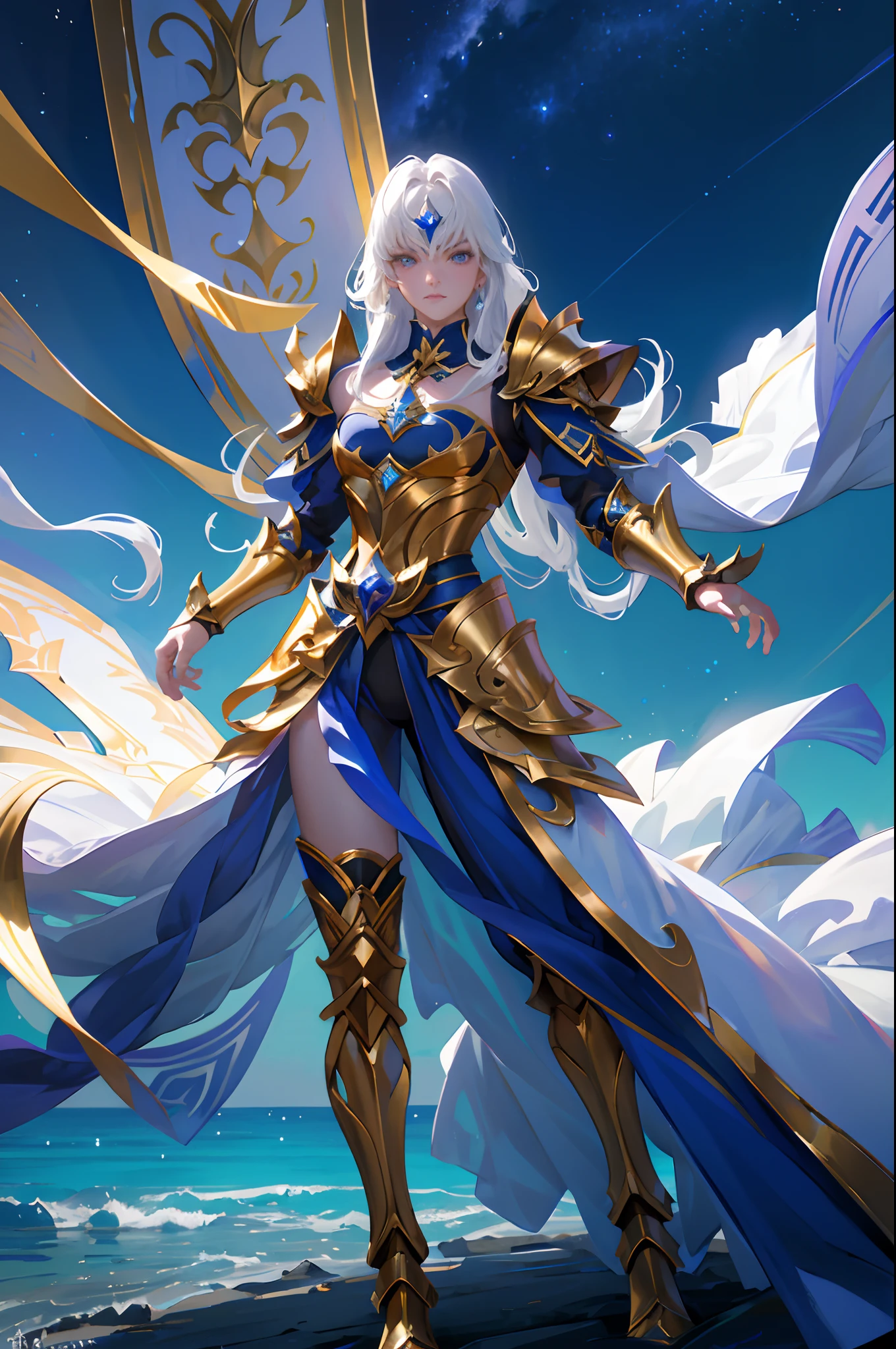 Ultra-high saturation，（tmasterpiece）， fully body photo，（best qualtiy）， （1girll）， starryskybackground，Wearing shiny gold armor， Sexy lingerie type armor，Expose your chest，Expose the waistline，Exposing thighs，cool-pose， Saint Seiya Armor， messy  hair，high detal, Anime style, Cinematic lighting, Sparkle, god light, Ray traching, filmgrain, hyper HD, textureskin, super detailing, Anatomical correct, A high resolution，Ultra-high saturation，hight contrast，High-gloss armor，Smooth skin，Serious expressions,Dark room,