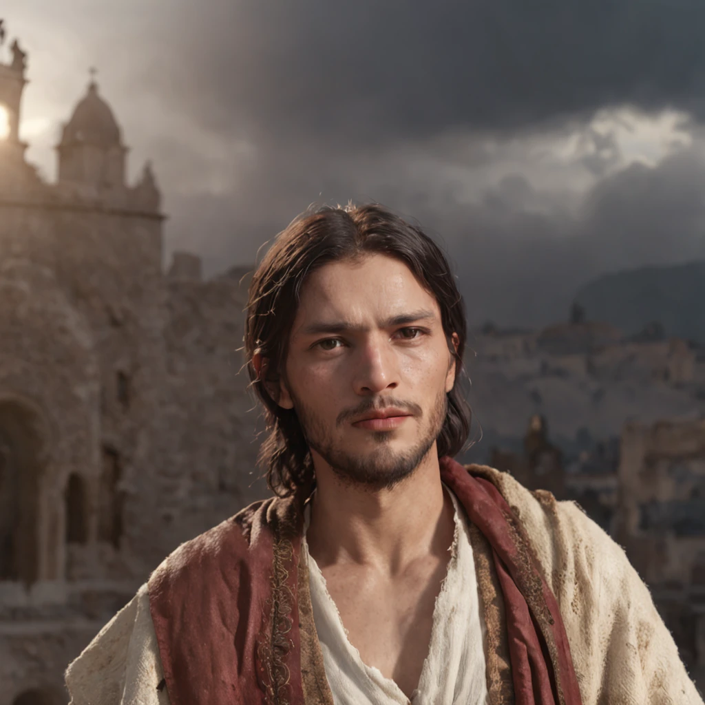 (Professional 3d rendering:1.3) by (Realistic:1.3) World's most beautiful art picture, Jesus on the Mount of Olives, with a flowing white robe, is in the center, surrounded by an aura of divine light. His serene face radiates wisdom and love as he speaks to the surrounding crowd, fantastic location, majestic cluttered environment)), full body 8k unit render, action shot, skin pores, very dark lighting, heavy shading, detailed, Detailed face, (vibrant, photorealistic, realistic, dramatic, Dark, sharp focus, 8k), (Old leather clothes damaged by weather:1.4), (((Use fur)))), (intricate:1.4 ), decayed, (high detailed:1.4), digital paint, octane rendering, Art Seasons, Concept-Art, smooth, sharp focus, illustration, germ of art, (Loish:0.23), Wlop Ilya Kuvshinov, and Greg Rutkowski and Alphonse Mucha Gracias, (Global Illumination, Studio Light, Volumetric Light), Heavy Rain, Floating Particles, Rascal, Fantasy, Eleven, Full Body, Esbian, ((Dark Old City Background:1.3)),CGSesociedade,Art Stations
