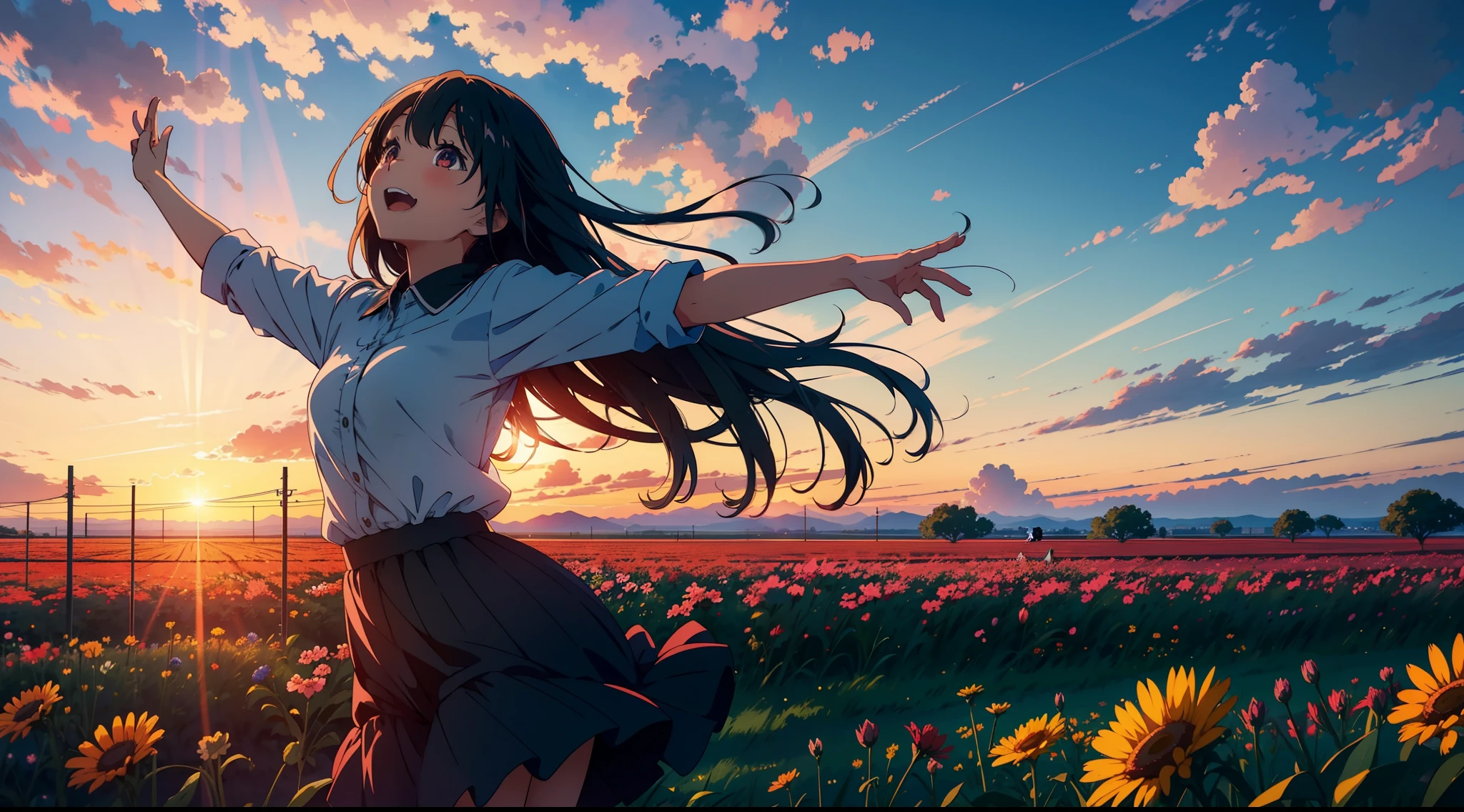 A joyous anime girl in the middle of a very big flower field, jumping with her hands above her head while watching the sun go down over the horizon. Her back is towards the camera. She is looking at sunset. It's evening due to which the upper sky is bluish. Faraway shot. 2d.