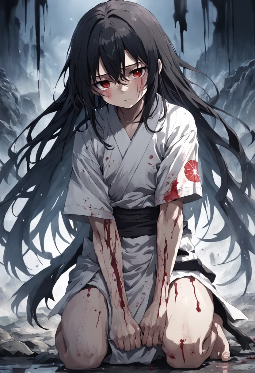 1man, tired, long black distressed dirty hair, black eyes, wearing a white Japanese gi full of tears and blood, anime weathered, battlefield, absurdres, high res, ultrasharp, 8K, masterpiece, looking at viewer Negative Prompt