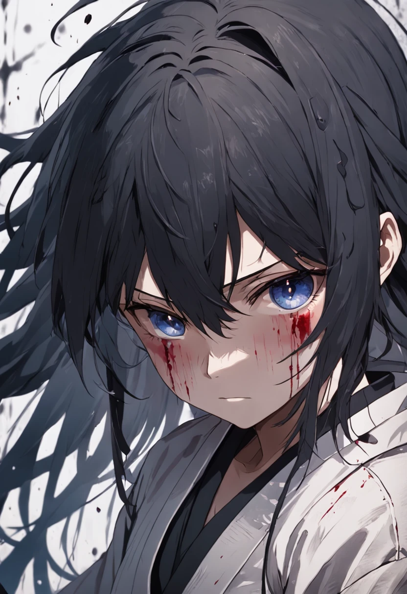1man, tired, long black distressed dirty hair, black eyes, wearing a white Japanese gi full of tears and blood, anime weathered, battlefield, absurdres, high res, ultrasharp, 8K, masterpiece, looking at viewer Negative Prompt