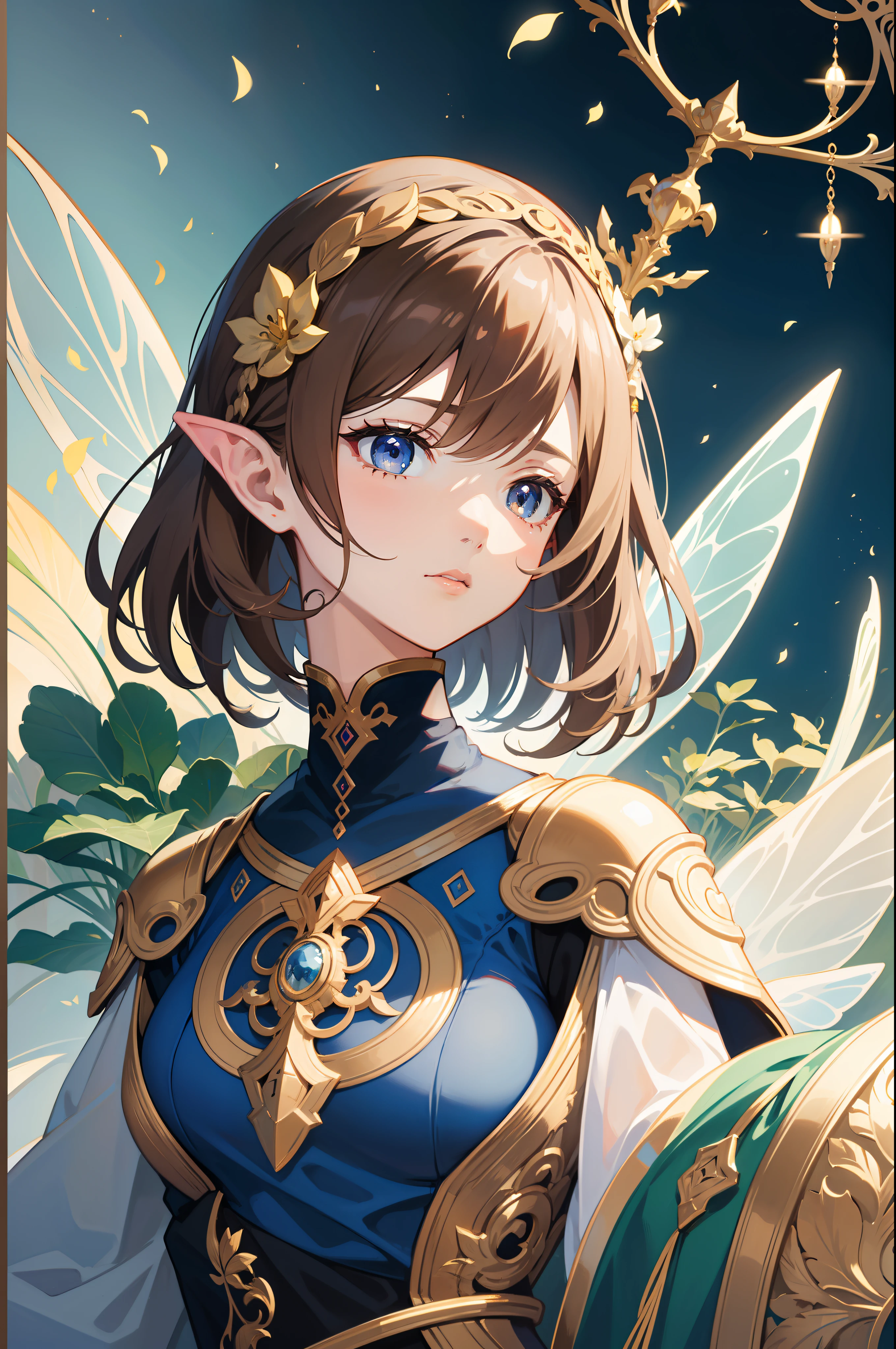 Official Art, Masterpiece European female face,elvish, short hair, lightbrown hair , brown eyes , Flower Frame ,Decorative panel , jugendstil , (masterpiece、top-quality、hight resolution: 1.4),in 8K, Drawing of a woman with short lightbrown hair, Anime Art Nouveau, highly detailed exquisite fanart, anime fantasy illustration, clean detailed anime art, detailed anime art, Sharp Focus, Delicate Beautiful Hair and Eyes and Face, realisitic, ultra-detailliert, a beauty girl, fairy