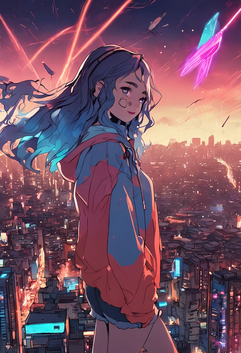 "Image Quality: 8K (Best Quality Scale: 1.2), Artistic Style: Realistic, Photorealistic Factor: 1.37, Clarity: Ultra High Definition, Subject:1girl flying above stunning cityscape ,hoodie,blue hair, neon color shooting stars, very long hair, off shoulder, feather hair ornament, neon colors, flashes, stunning night sky,  Girl (16 yearble Features: Pleasant Smile, Closed Mouth, Exquisite Details, Lovely Nose, Composition: Full Body, Damp Hair, Context: Amidst Colossal Dalsefo, huge Angel wings very detailed