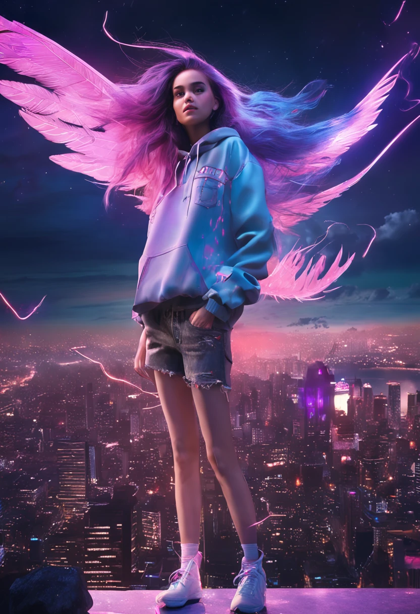 "Image Quality: 8K (Best Quality Scale: 1.2), Artistic Style: Realistic, Photorealistic Factor: 1.37, Clarity: Ultra High Definition, Subject:1girl flying above stunning cityscape ,hoodie,blue hair, neon color shooting stars, very long hair, off shoulder, feather hair ornament, neon colors, flashes, stunning night sky,  Girl (16 yearble Features: Pleasant Smile, Closed Mouth, Exquisite Details, Lovely Nose, Composition: Full Body, Damp Hair, Context: Amidst Colossal Dalsefo, huge Angel wings very detailed