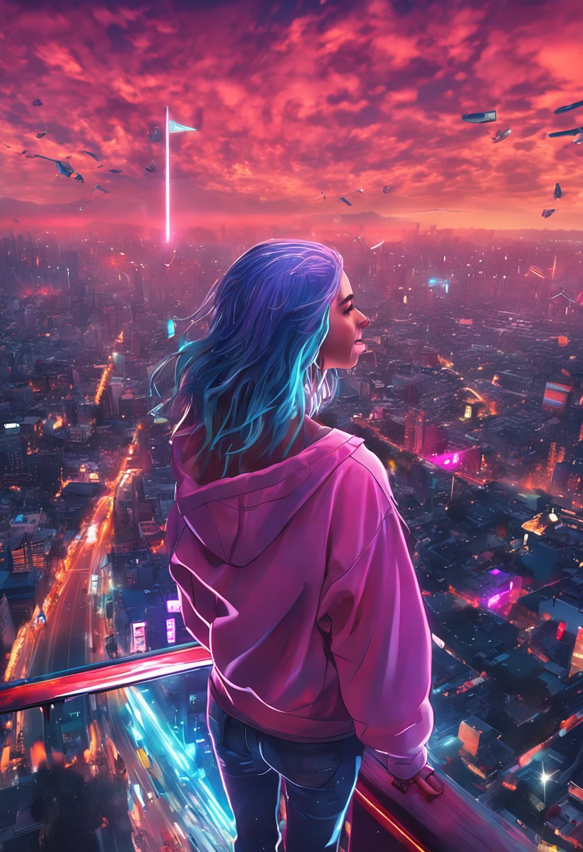 "Image Quality: 8K (Best Quality Scale: 1.2), Artistic Style: Realistic, Photorealistic Factor: 1.37, Clarity: Ultra High Definition, Subject:1girl flying above stunning cityscape ,hoodie,blue hair, neon color shooting stars, very long hair, off shoulder, feather hair ornament, neon colors, flashes, stunning night sky, Teenage Girl (16 years old), Notable Features: Pleasant Smile, Closed Mouth, Exquisite Details, Lovely Nose, Composition: Full Body, Damp Hair, Context: Amidst Colossal Dalsefo, huge Angel wings very detailed