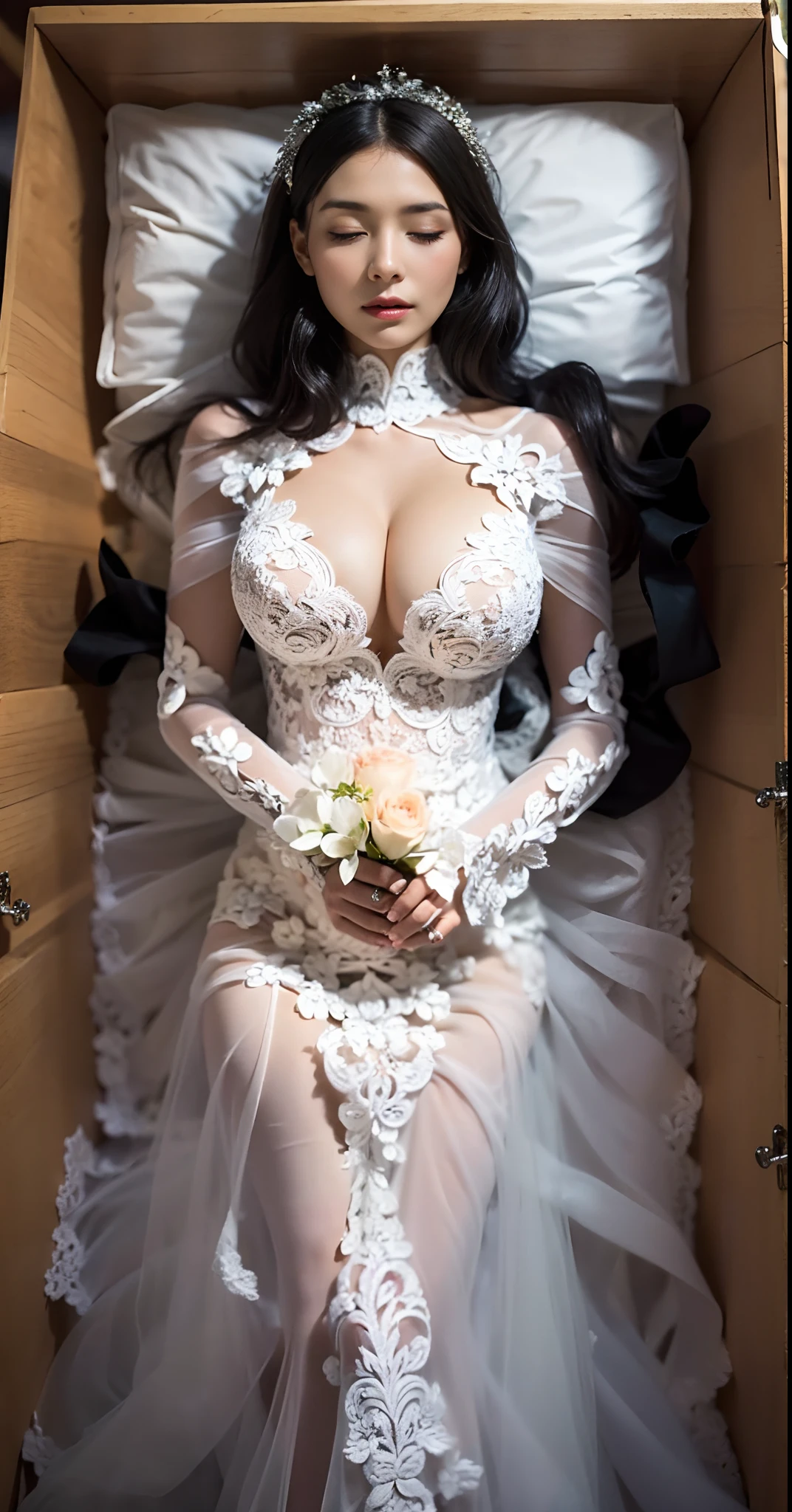 1girl, solo, wooden casket, girl sleep in casket, girl laying in casket, eyes closed, closed mouth,(interlocked_fingers:0.961), (own_hands_together:0.971), (straight:0.971), (own_hands_clasped:0.961), (absolute cleavage), straight body, straight legs, big boobs, round breasts, (full body viewed), (sexy breast), (sexy cleavage), (around the casket is a wreath of flowers), (((black hair))), ((blonde hair)), ((wearing a white suspender with a deep V-neckline wedding dress with flower-shape lace , heavy lace and long sleeves)), ((maid dress)), ((long dress)), head on pillow