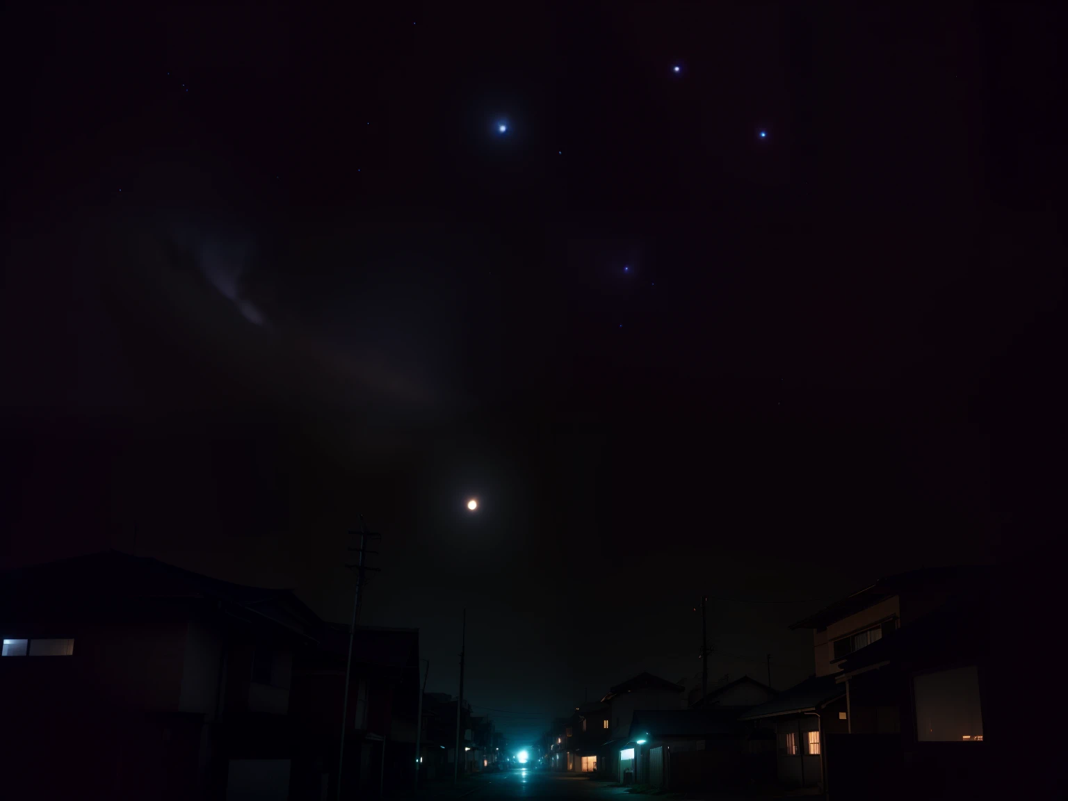 Small township,photorealestic,There are obvious stars in the night sky,The building is blurred,photorealestic