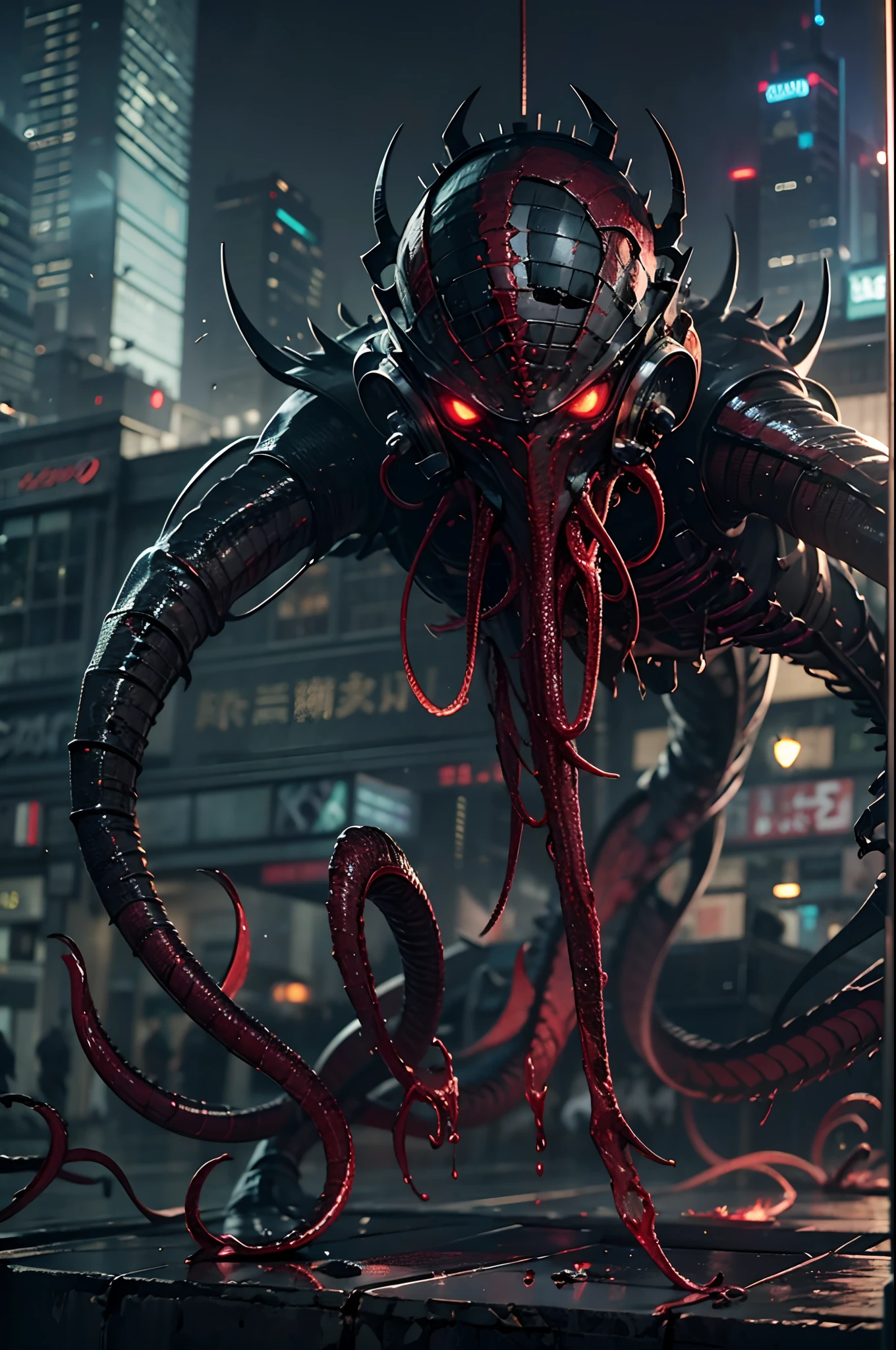 Cinematic image effects，Invasive alien creatures，（Strange bullhead：1.4），Huge pliers，Spooky tentacles，blood vess，，Murderous，（Full body like：1.4），combats，The city was destroyed，Dispersed crowds for their lives，blasts，fire glow，废墟，of a real，Facial features are carefully depicted，Realistic skin texture，Dark style，depth of fields，high light，Real light，Ray traching，oc rendered，Hyper-realistic，best qualtiy，8K，Works of masters，super-fine，Detailed pubic hair，Correct anatomy，sharp focus on eyes，Bokeh，Facial features are carefully depicted