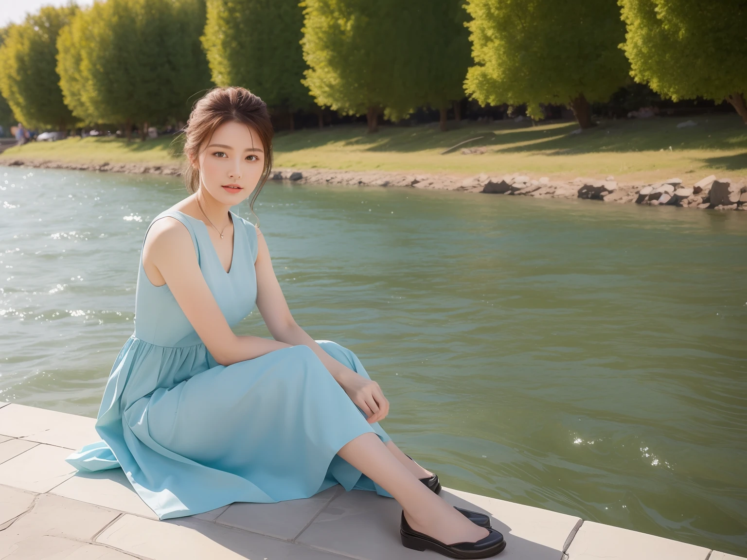 High quality，1 beautiful woman，Sit by the river and take pictures