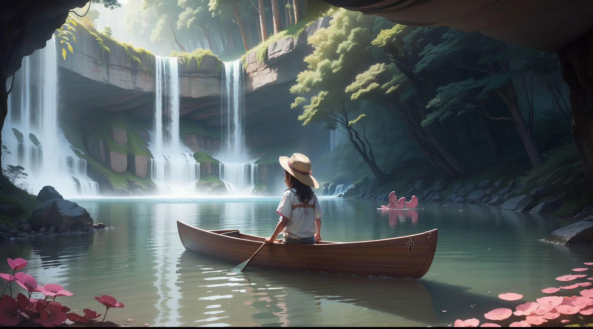 Indigenous  in a canoe and a pink porpoise next to it swimming in the river curious, Looking at an old map that shows the challenges ahead. They are in front of a cave entrance, surrounded by waterfalls and trees. Os animais da floresta os observam com interesse.