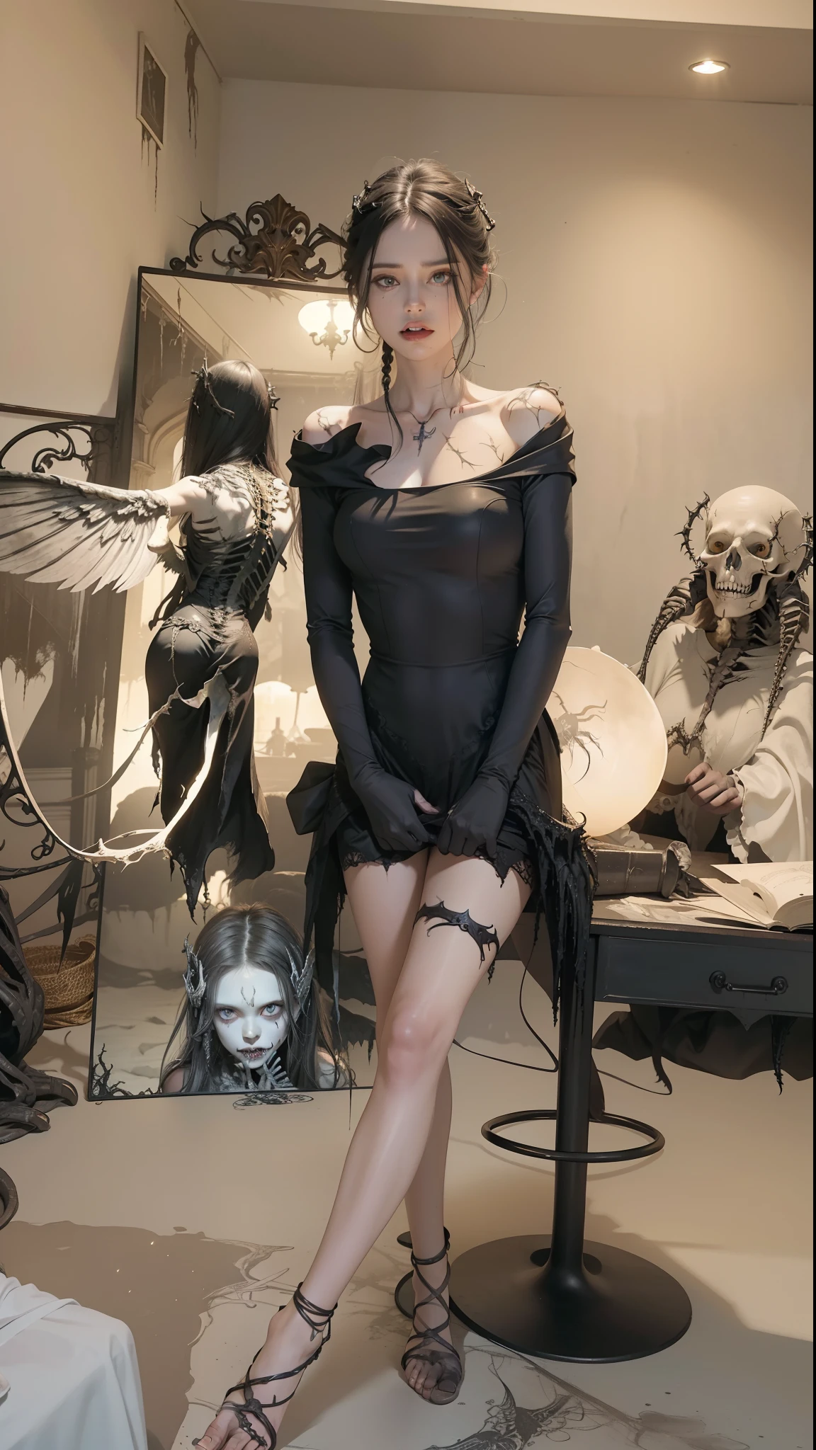 Fine matte painting,box full of swords images,, wing, Succubus motif,the fallen angel,Excellent,scary,secret terror,tentacle,have eyes,The Uncanny Valley effect,little beast blood moon,Skeleton skeleton,vampire,hell fire,Wear red high heels