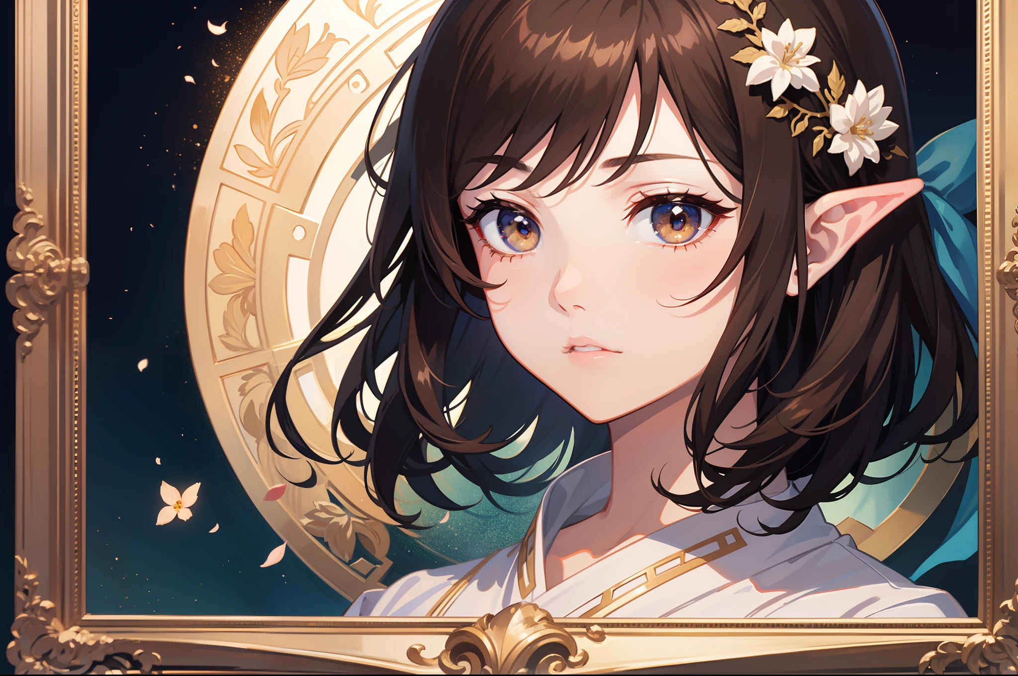 Official Art, Masterpiece European female face,elvish, short hair, lightbrown hair , brown eyes , Flower Frame ,Decorative panel , jugendstil , (masterpiece、top-quality、hight resolution: 1.4),in 8K, Drawing of a woman with short lightbrown hair, Anime Art Nouveau, highly detailed exquisite fanart, anime fantasy illustration, clean detailed anime art, detailed anime art, Sharp Focus, Delicate Beautiful Hair and Eyes and Face, realisitic, ultra-detailliert, a beauty girl, fairy