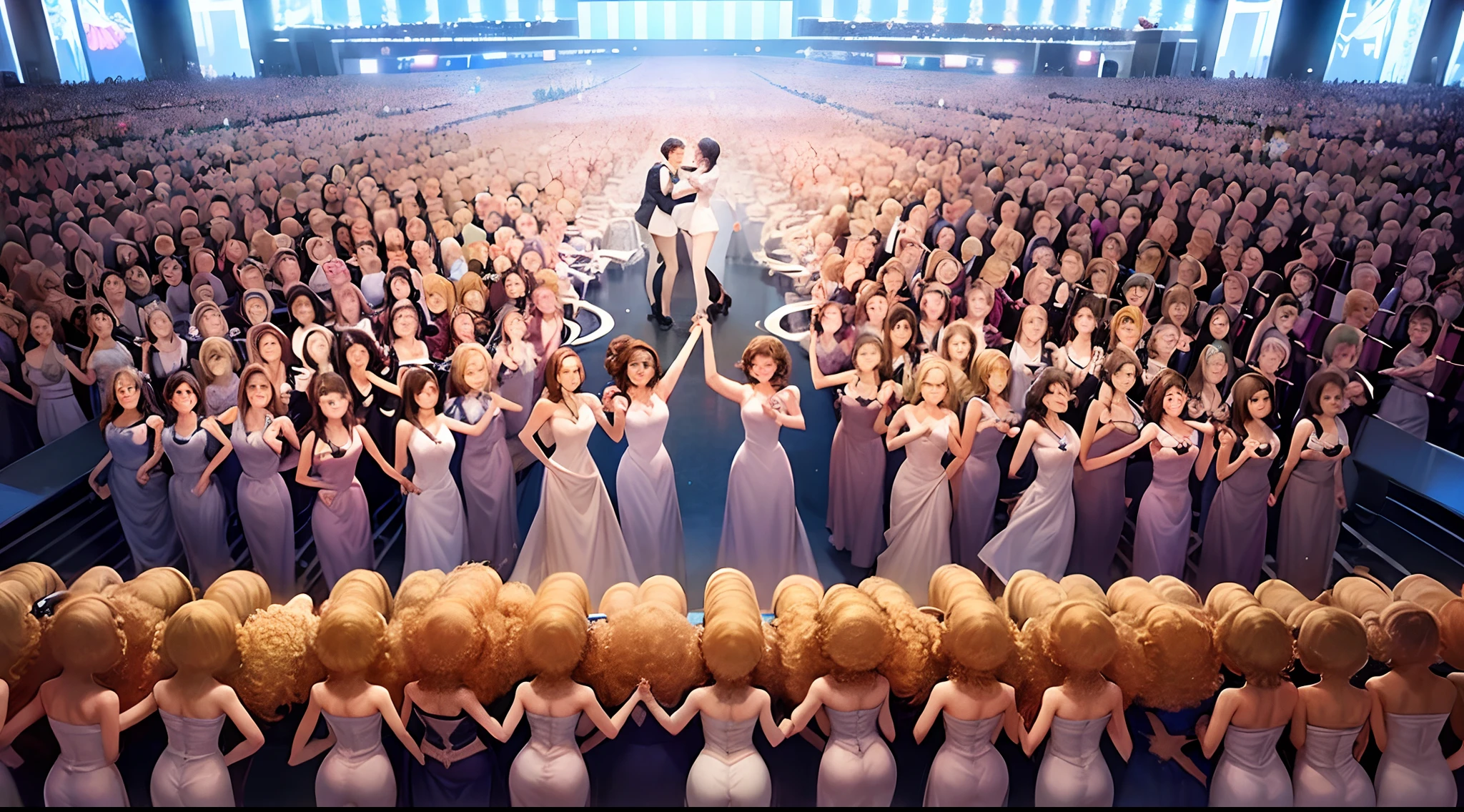 Brown hair, curly hair, hazel eyes, dancing dresses, high heels, (thousands of, crowd of), identical girls, crowd shot, identical sisters, clones, matching hairstyles, matching outfits, matching faces, crowded, filled with clones, in straight line, kicking in sync, chorus line