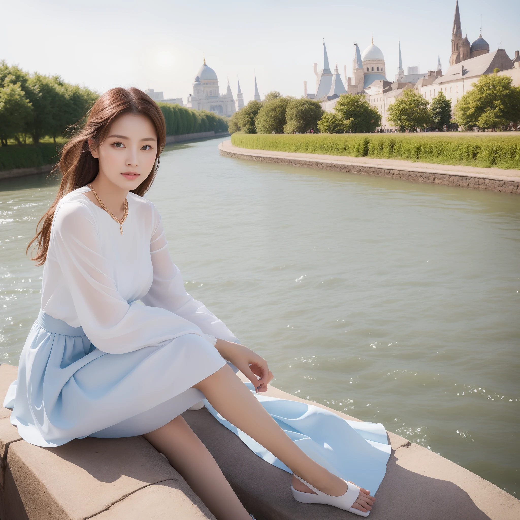 High quality,1 beautiful woman,Sit by the river and take pictures