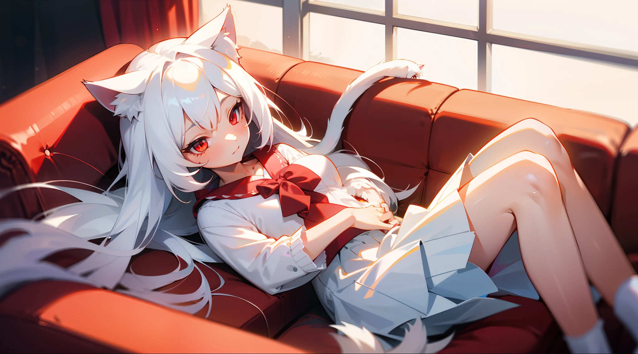one-girl,White hair,long whitr hair,cat ear,Cat tail,Leaning back,expressiveless,Be red in the face,Beth,White cardigan ta,pleatedskirt,gradient red eyes,On the sofa,Close-up,head is up