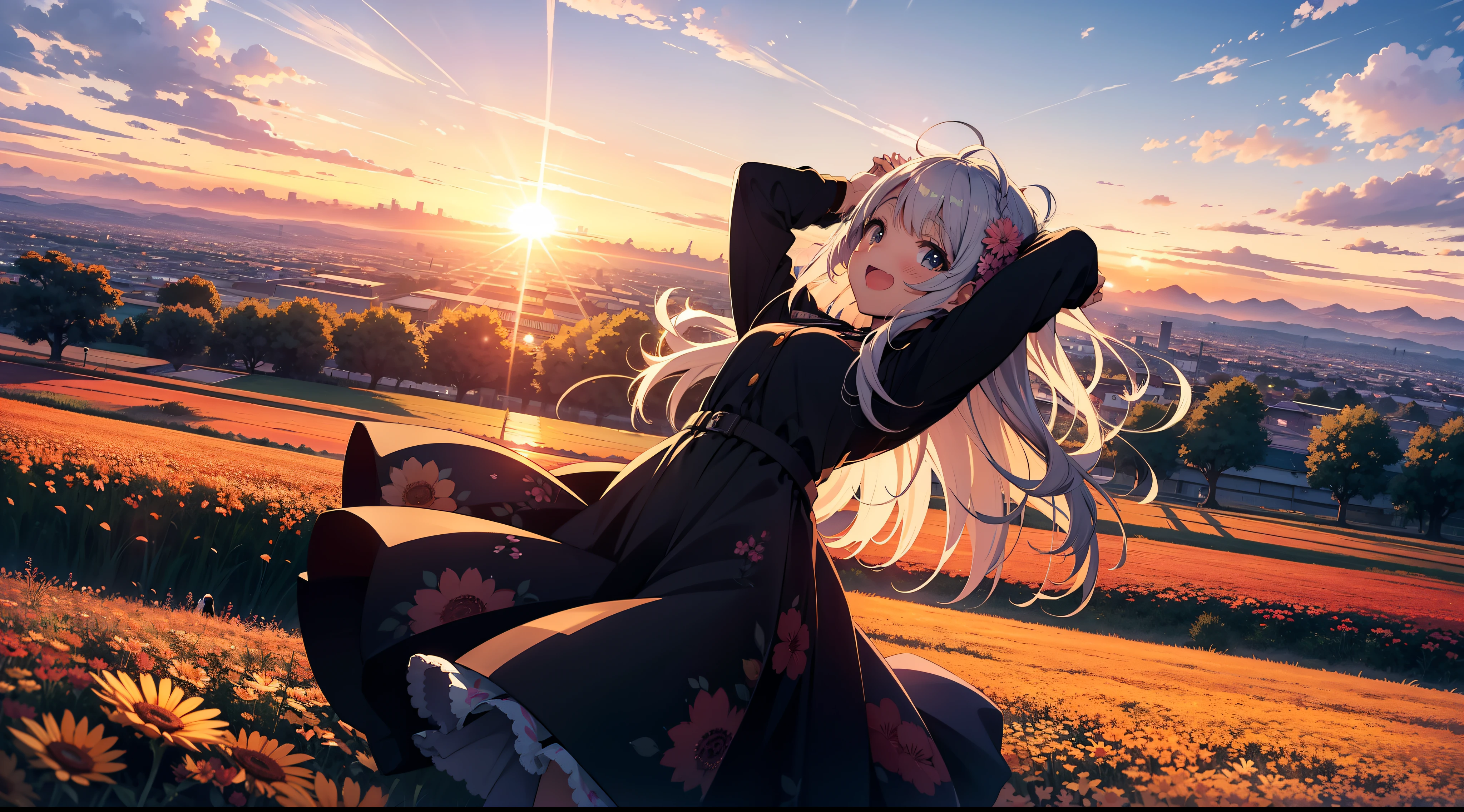A joyous anime girl in the middle of a very big flower field, jumping with her hands above her head while watching the sun go down over the horizon. Her back is towards the camera. She is looking at sunset. It's evening due to which the upper sky is bluish. Faraway shot. 2d.