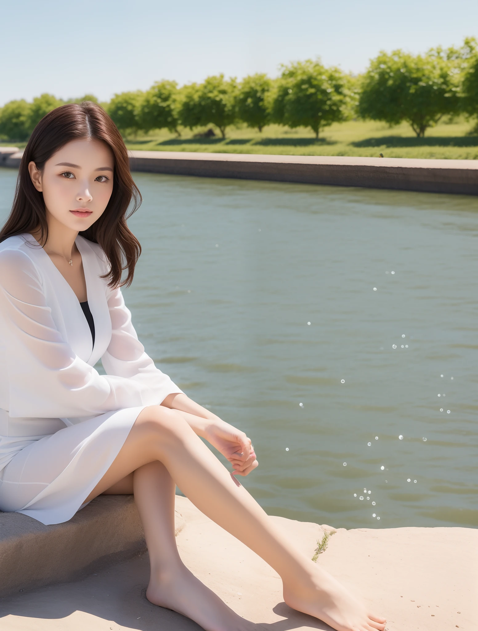 High quality,1 beautiful woman,Sit by the river and take pictures