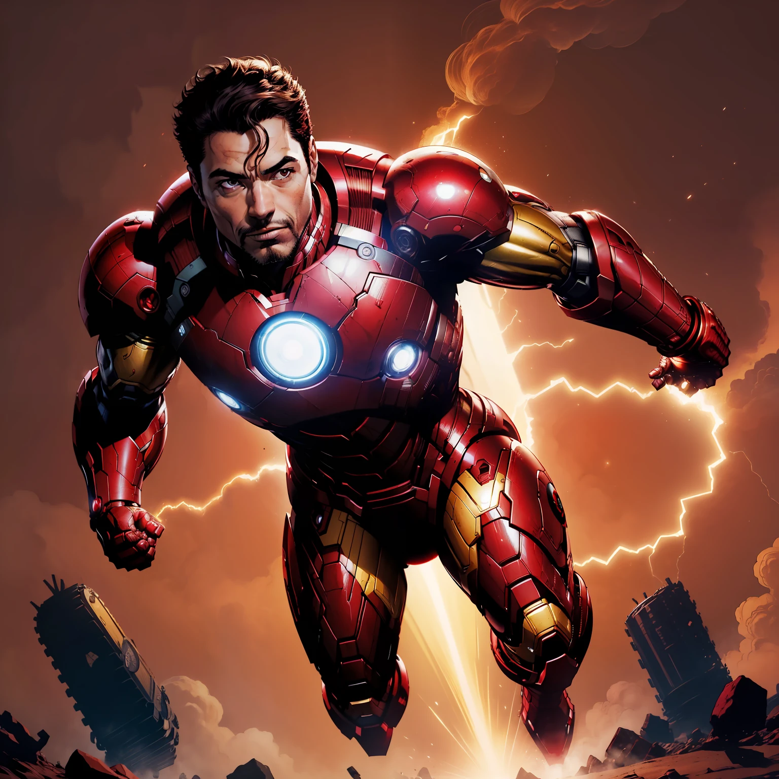 (obra-prima, melhor qualidade: 1.2), solo, foco masculino, iron man ,corpo todo, sorriso, olhando para o espectador, sobrevoando, iron mansuit, bodysuit vermelho, full body