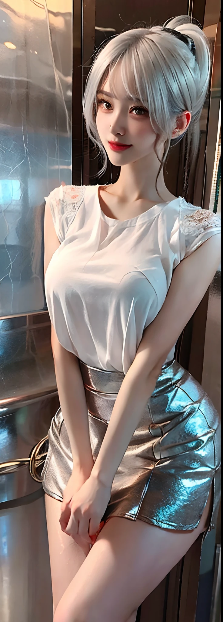 Short silver-white hair,Gaoza double ponytail,Delicate and bright hair color,Delicate and perfect face,The corners of the eyes are slightly red,seduct smile,upturned corners of the mouth,Armor,Raised skirt,Wet temptation,Water drops are depicted in detail,Delicate long legs,The skin texture is delicate,Leaning against the bathroom wall,Cinematic gloss,Best quality photos 16k high resolution。