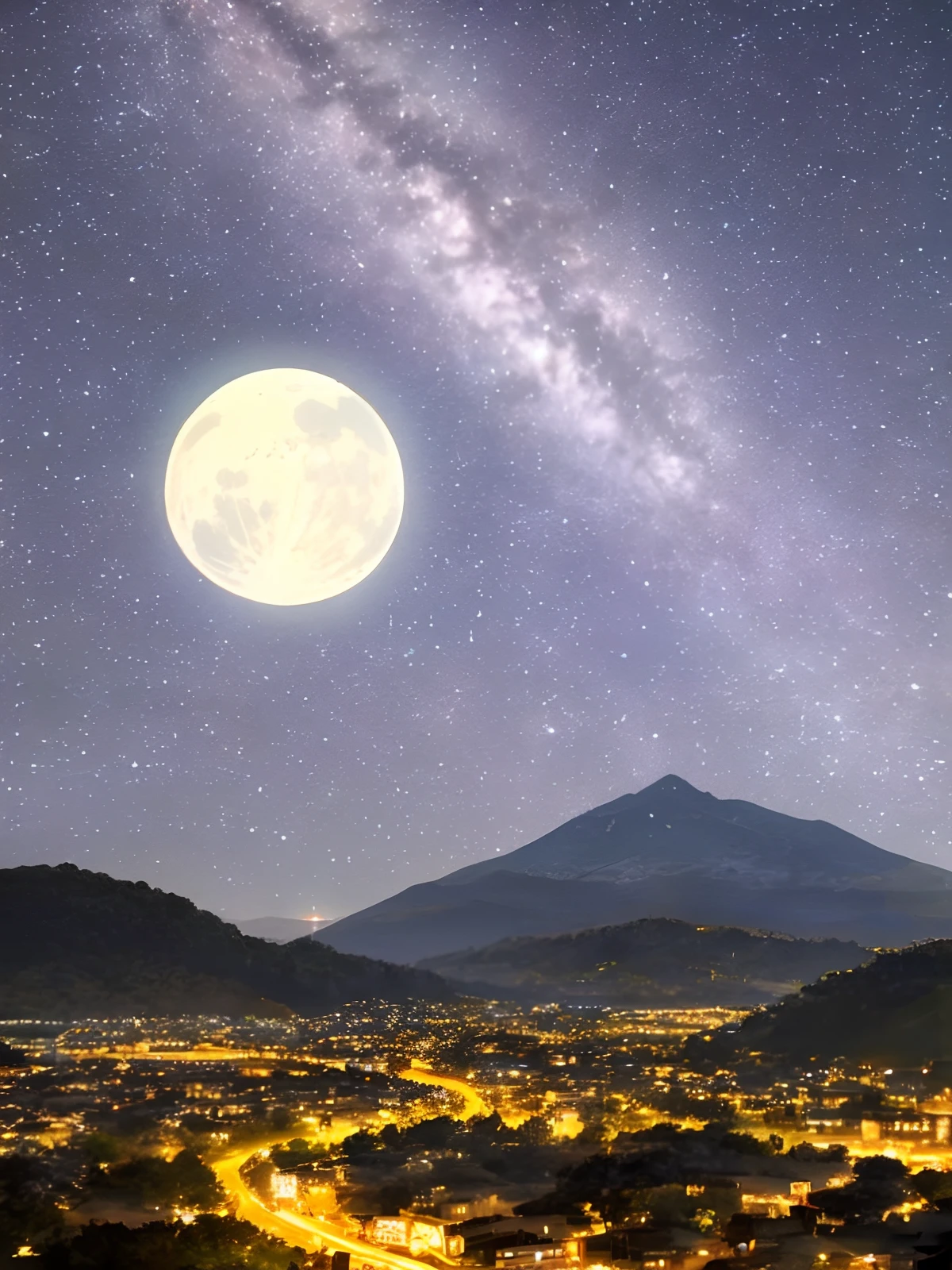 Un majestuoso paisaje nocturno de un cielo lleno de estrellas, La luna creciente y una cordillera lejana.