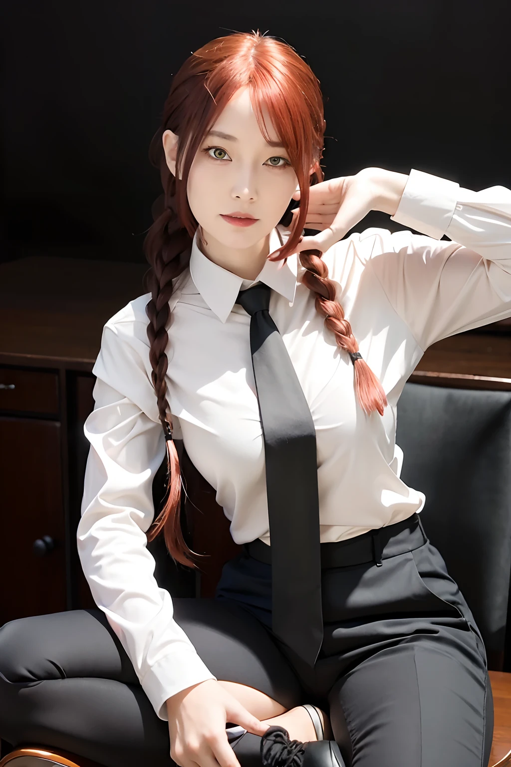 best quality, ultra high res, (photorealistic:1.4), 1girl, mix4, makima \(chainsaw man\), long braided hair, white shirt, black tie, black tight long trousers, bright red hair, looking at viewer, full body shot, happy face, yellow eyes, folded legs, sitting on a chair, sharp stare eyes, ultra realistic