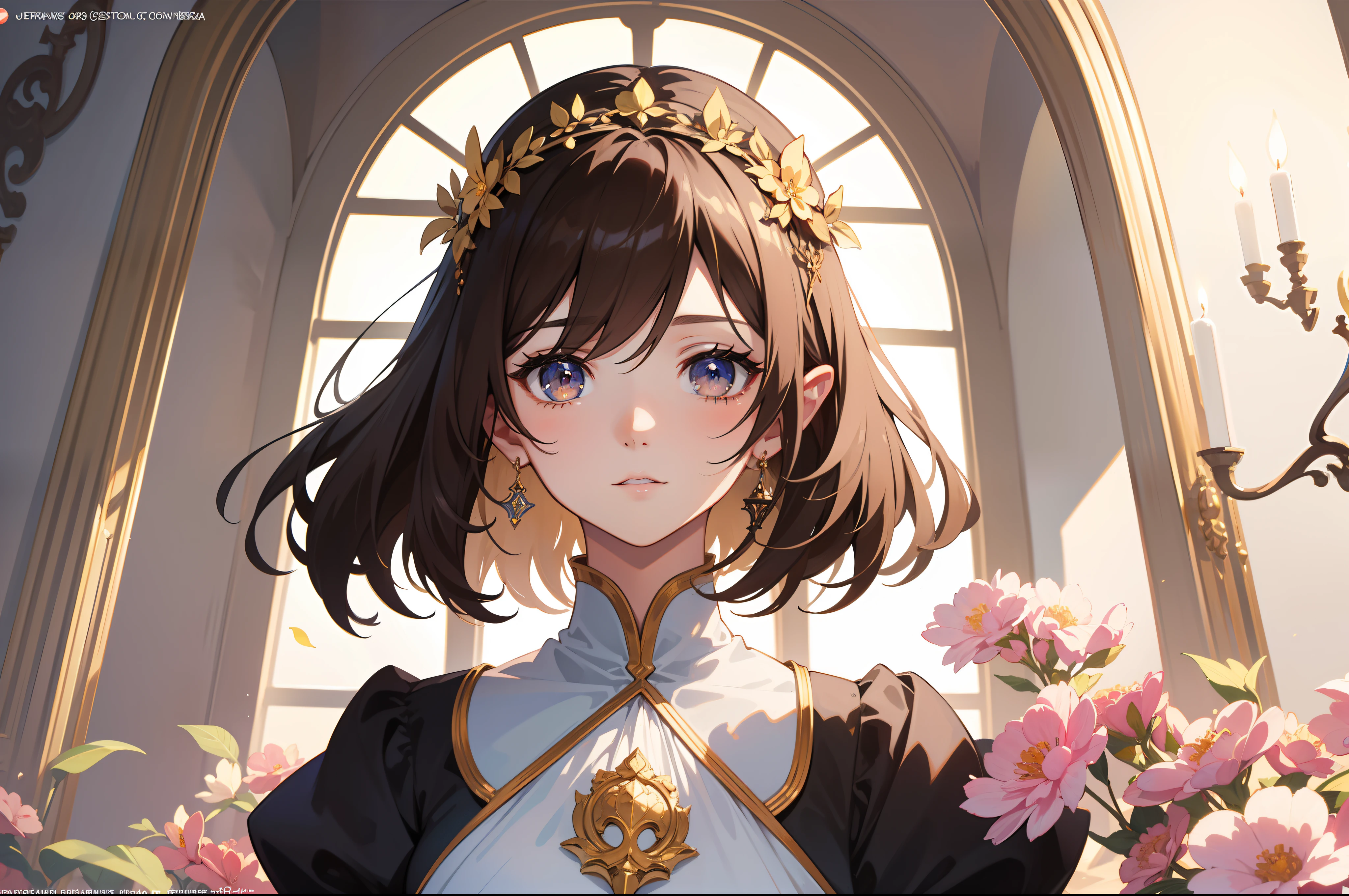 Official Art, Masterpiece European female face,elvish, short hair, lightbrown hair , brown eyes , Flower Frame ,Decorative panel , jugendstil , (​masterpiece、top-quality、hight resolution: 1.4),in 8K, Drawing of a woman with short lightbrown hair, Anime Art Nouveau, highly detailed exquisite fanart, anime fantasy illustration, clean detailed anime art, detailed anime art, Sharp Focus, Delicate Beautiful Hair and Eyes and Face, realisitic, ultra-detailliert, a beauty girl, fairy