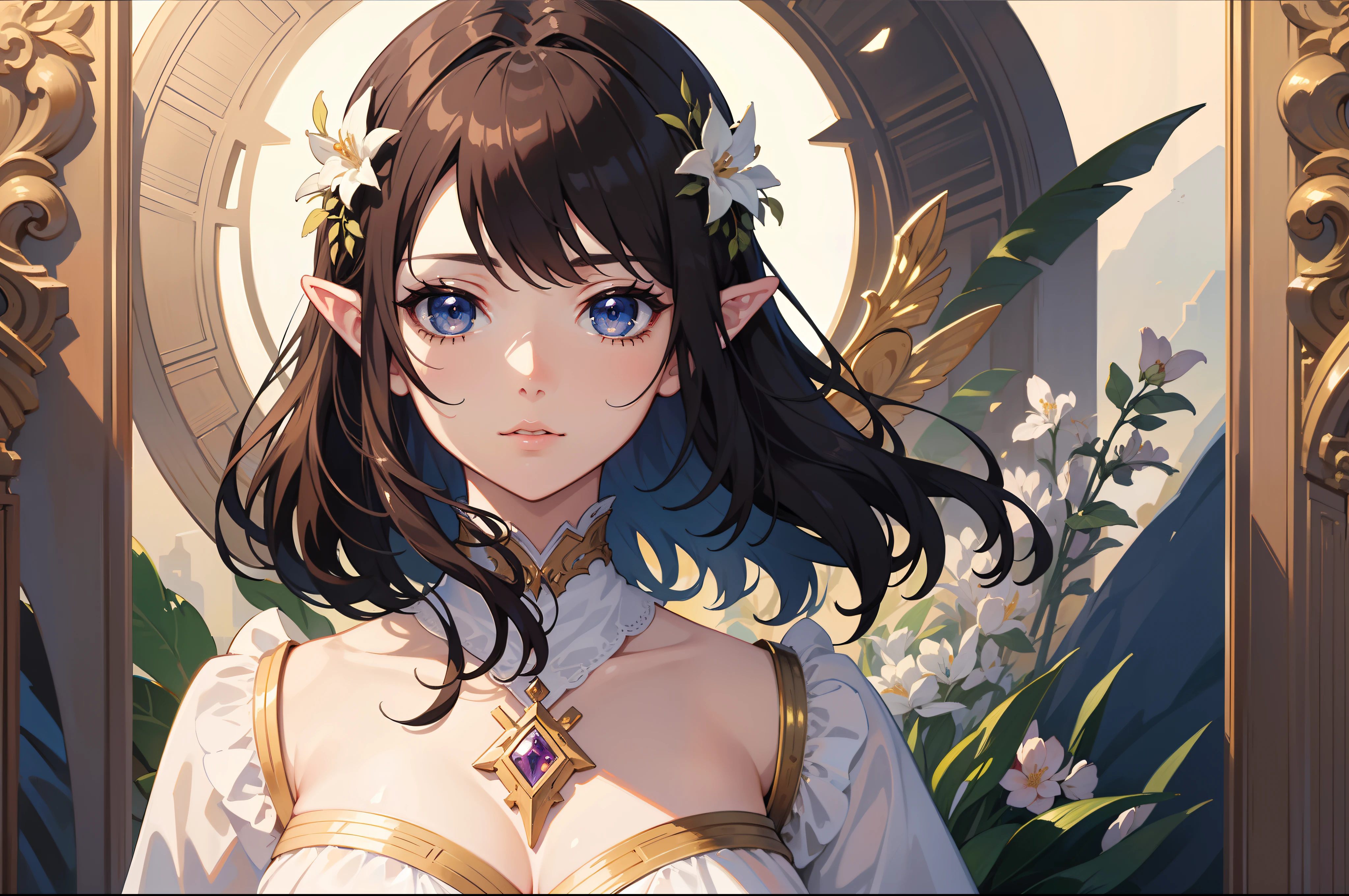 Official Art, Masterpiece European female face,elvish, short hair, lightbrown hair , brown eyes , Flower Frame ,Decorative panel , jugendstil , (masterpiece、top-quality、hight resolution: 1.4),in 8K, Drawing of a woman with short lightbrown hair, Anime Art Nouveau, highly detailed exquisite fanart, anime fantasy illustration, clean detailed anime art, detailed anime art, Sharp Focus, Delicate Beautiful Hair and Eyes and Face, realisitic, ultra-detailliert, a beauty girl, fairy