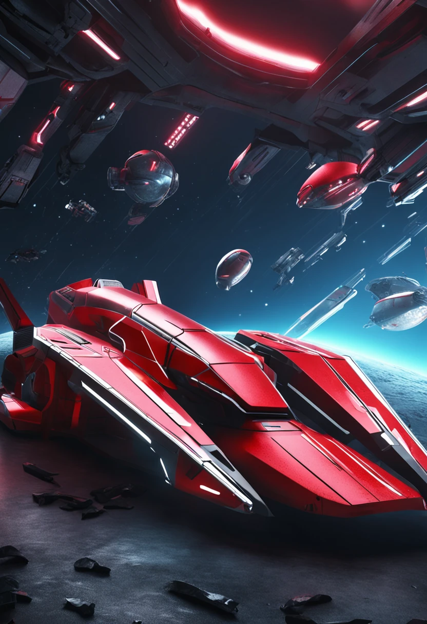 Red spacecraft with white and black, Technology of the future, Fluorescent Neon Light, Realistic details and vivid textures.