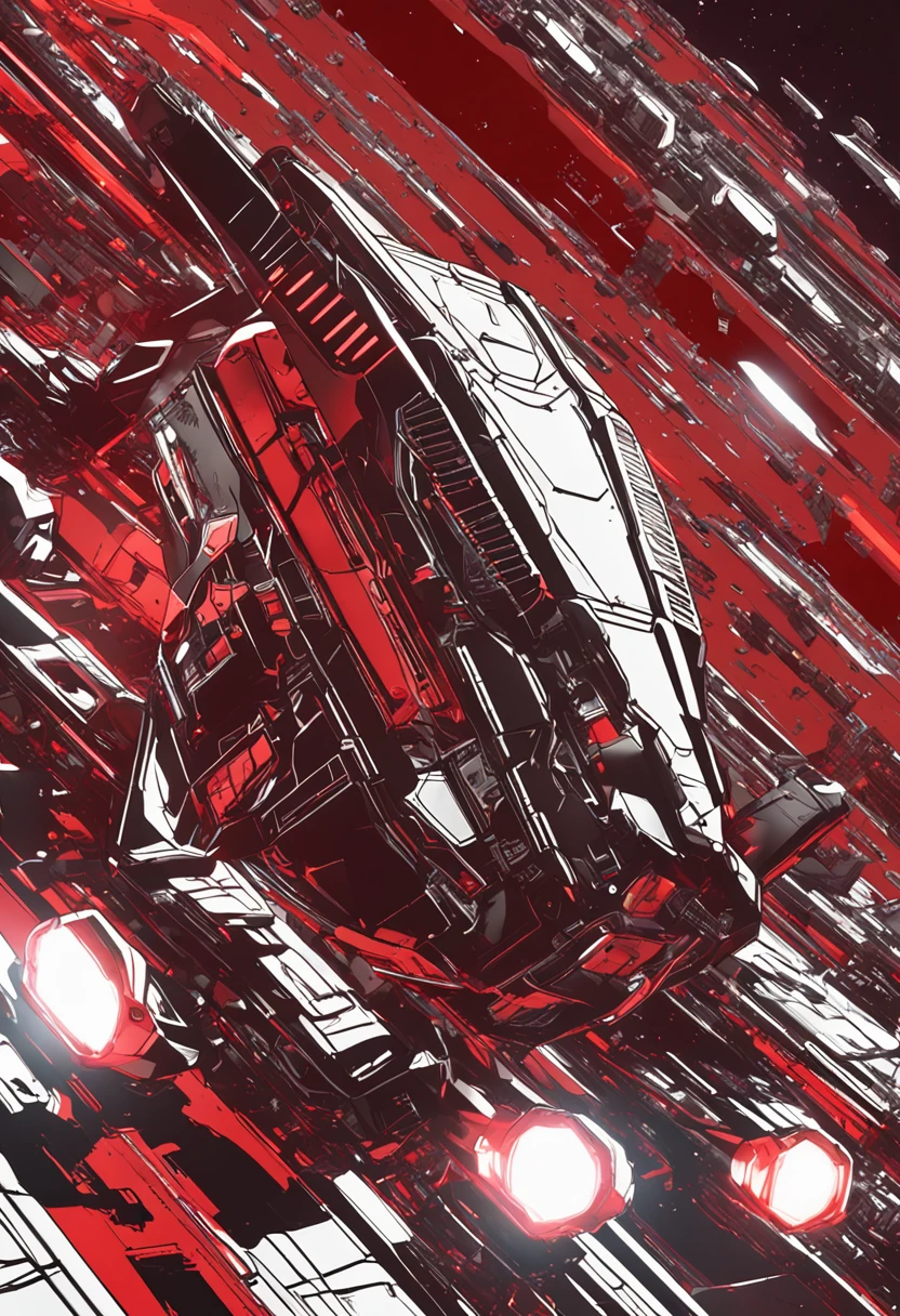 Red spacecraft with white and black, Technology of the future, Fluorescent Neon Light, Realistic details and vivid textures.