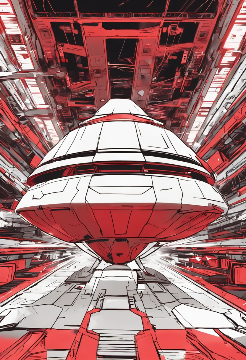 Red spacecraft with white and black, Technology of the future, Fluorescent Neon Light, Realistic details and vivid textures.