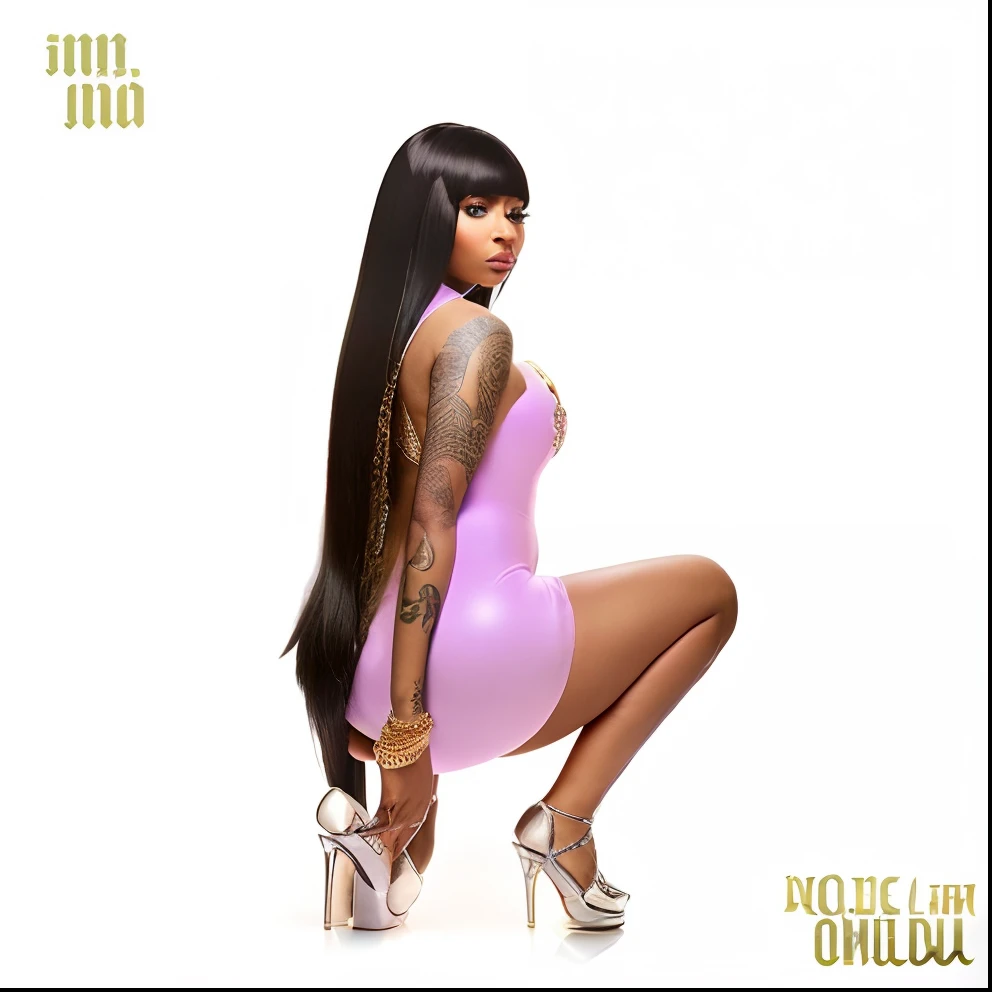 A closeup of a woman in a purple dress kneeling on a white surface, nicki minaj curvy, album cape!, new album cover, obra-prima', Arte Promocional, 1 : 1 album artwork, 1:1 album artwork, reads beautifully, alternate album cover, Nicki Minaj, album art for char zulu, colored album art, Iluminado em uma luz do amanhecer, iluminado