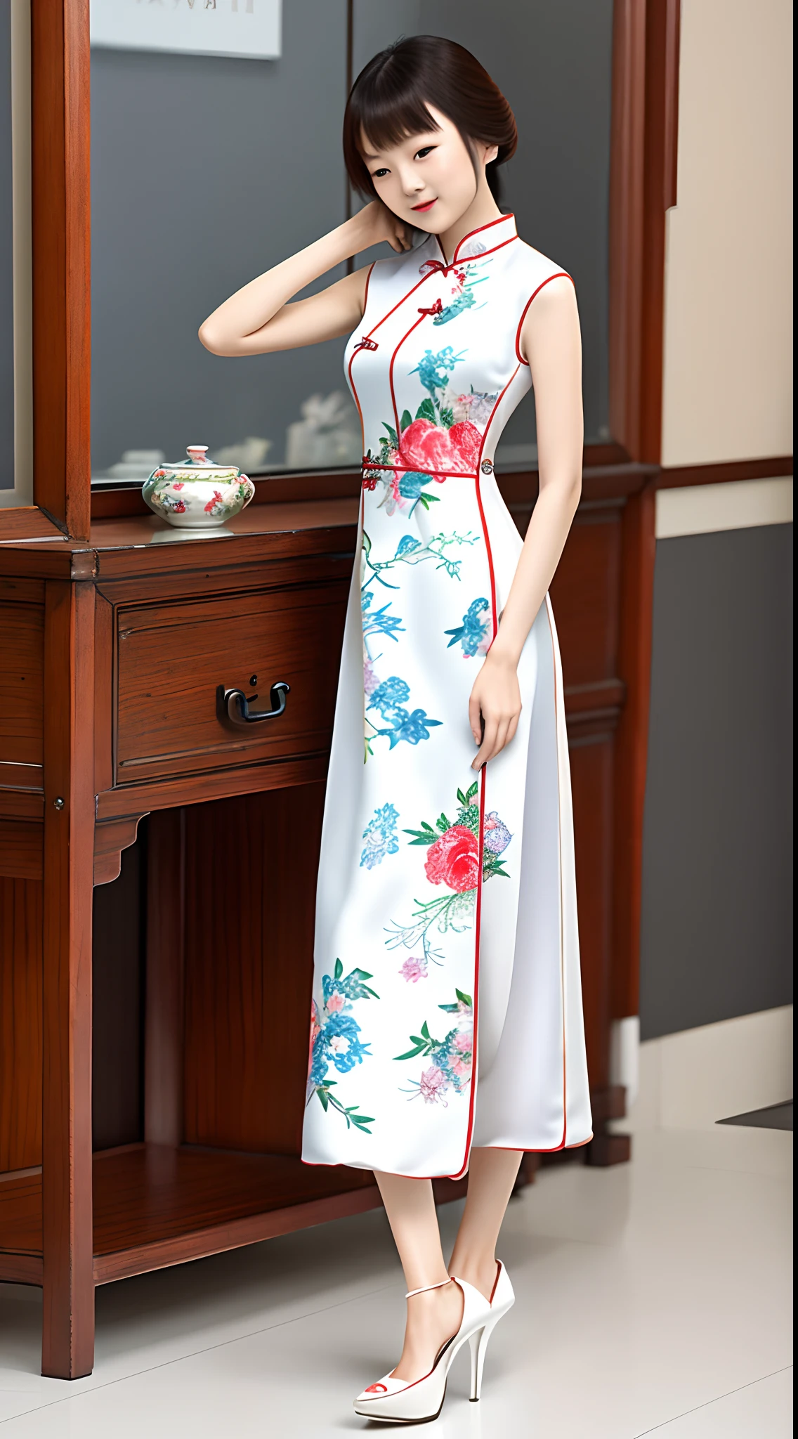 A beautiful girl in a cheongsam and white high heels