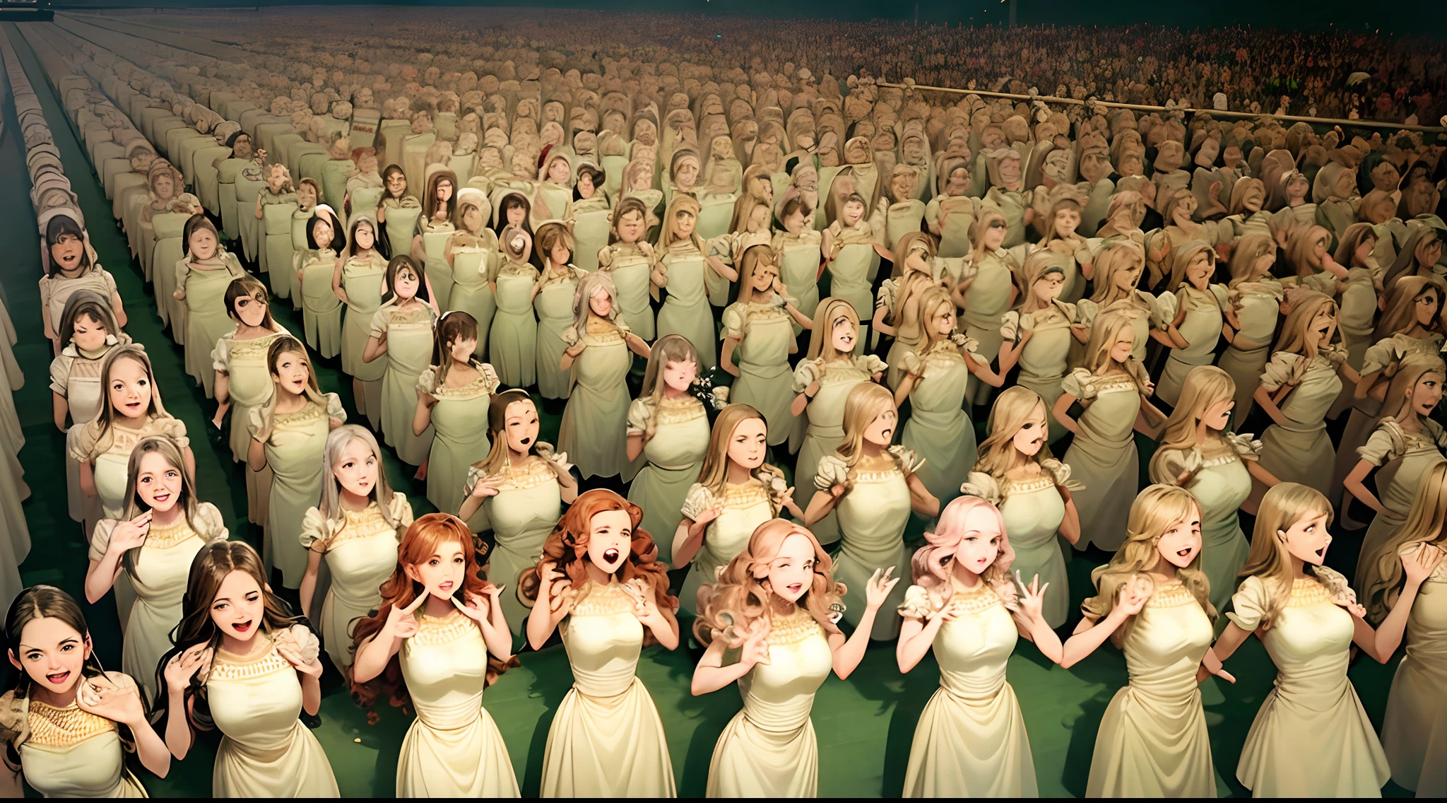 Brown hair, curly hair, hazel eyes, dancing dresses, high heels, (thousands of, crowd of), identical girls, crowd shot, identical sisters, clones, matching hairstyles, matching outfits, matching faces, crowded, filled with clones, in straight line, kicking in sync, chorus line