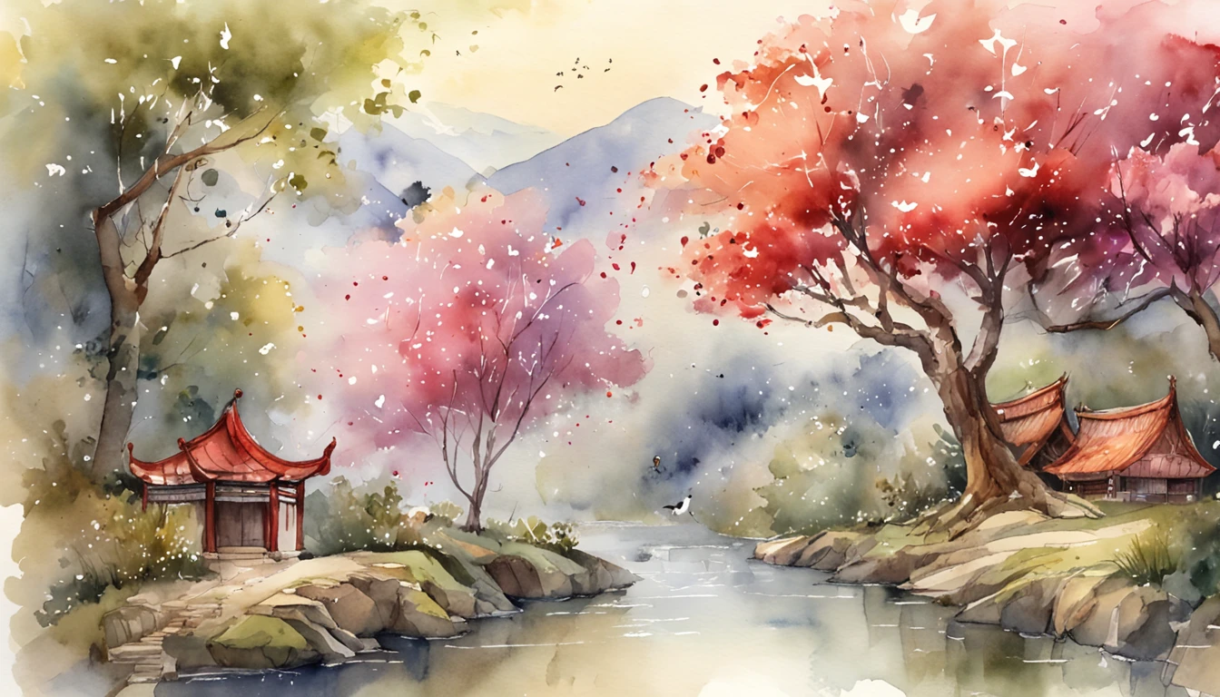 Ancient fairy map,Building,Small lake,Pink tree,夏天,Light red tones,super-fine,Carefully portrayed,high qulity,8K,