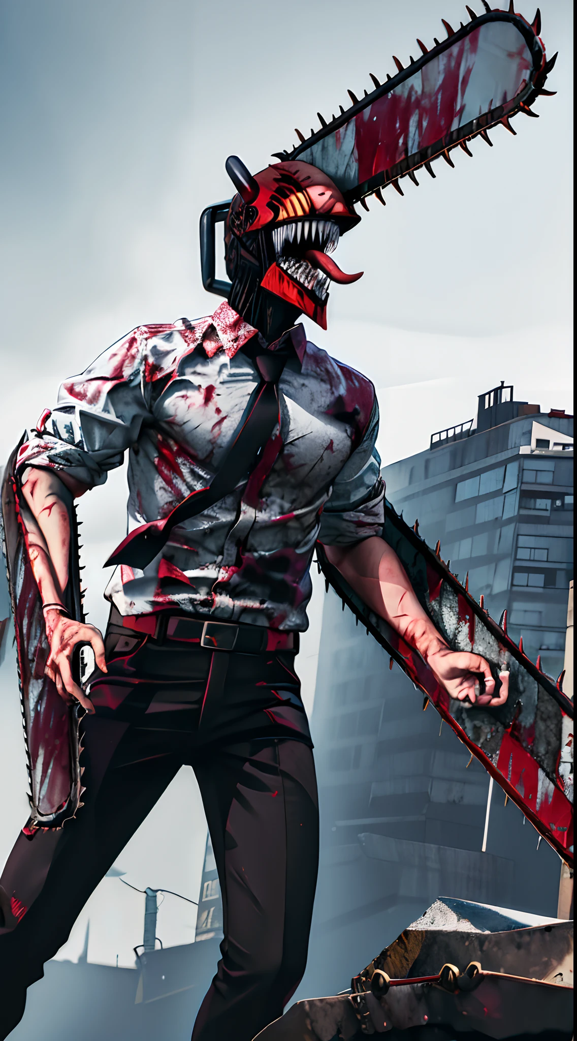 masterpiece, best quality, highres, monster boy, djb, sharp teeth, chainsaw, blood on clothes, blood on weapon, collared shirt, black pants, tongue out,