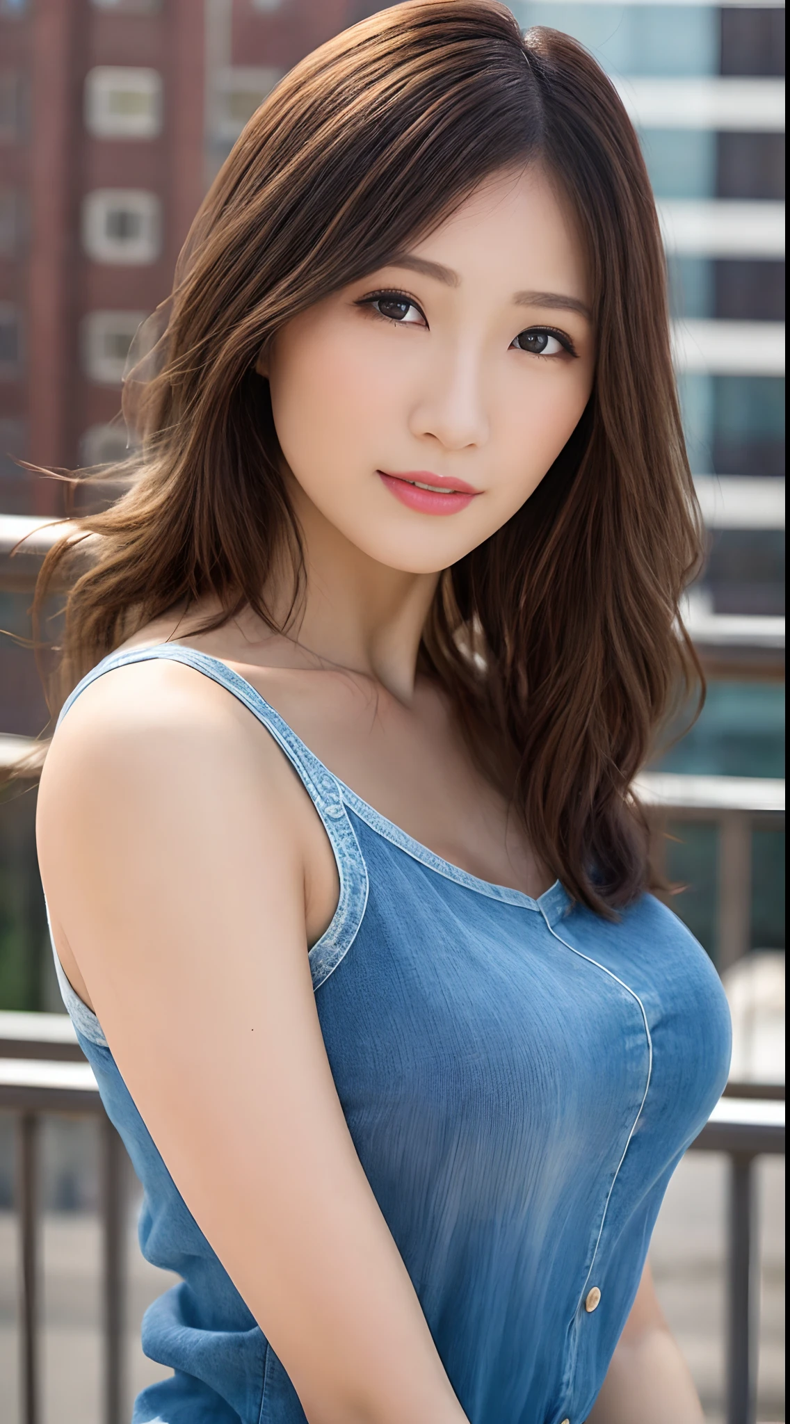 (Raw Nikon Z 14mm ultra wide angle lens,Award-winning glamorous photos,((best qualtiy)),((Masterpieces)),((Lifelike)),Skin pores,Sub-surface scattering,Radiate light,hight resolution,detailed facial features,detaileds,Sharp Focus,Beautiful,Extremely detailed,(Very detailed eyes,Very detailed iris),very detail hair,highlydetailed skin,Very detailed clothes,octane renderings,Post-processing,Maximum Detail,Natural hand details, Realistic Shadows, Roughness, Natural Skin Texture, Real life, A hyper-realistic, Realism,Raw photo、 nffsw, with an intricate, elegent, ighly detailed, Sharp Focus, amazing, Beautiful, ornate, (Masterpieces:1.2, Best quality1:1, Ultra Detail:1.2, Best Shadow, 8K:1.1), (Large cities:1.3, On the rooftop:1.1, The urban structure below, Armrest), (Contrast the background, Bright background), (Beautiful Detail Face), High contrast, (Perfect Illumination:1.2, Beautiful colors,Delicate colors),((Cinematic Light)),colourfull,Ultra Detail,Dramatic light,Intricate details,(1 Gal Girl,Solo,With brown hair,smiley,Side Up,Straight hair:1.1,Blue eyes,Dynamic angles,white tank-top,jeans,Cowboy Shots,The arms are naturally downward),depth of fields、A slender