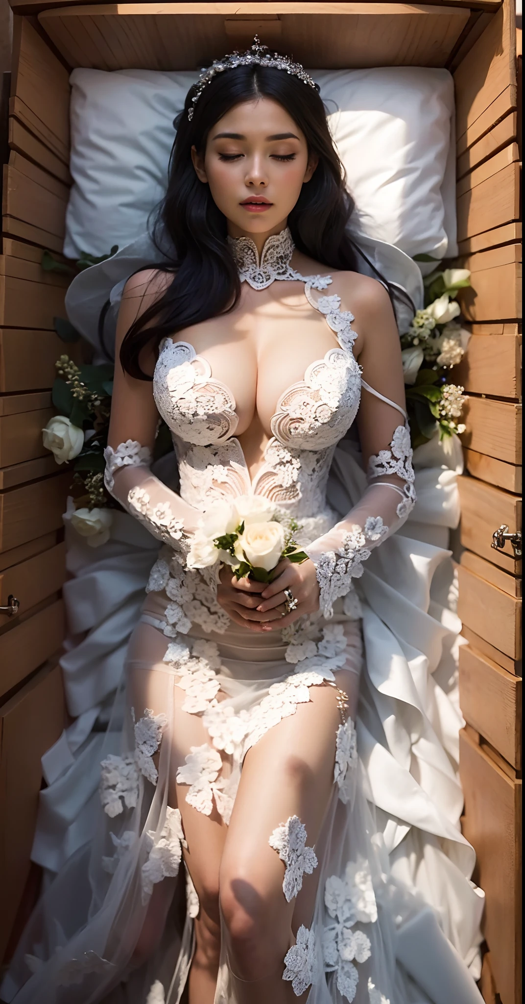 1girl, solo, wooden casket, girl sleep in casket, girl laying in casket, eyes closed, closed mouth,(interlocked_fingers:0.961), (own_hands_together:0.971), (straight:0.971), (own_hands_clasped:0.961), (absolute cleavage), straight body, straight legs, big boobs, round breasts, (full body viewed), (sexy breast), (sexy cleavage), (around the casket is a wreath of flowers), (((black hair))), ((blonde hair)), ((wearing a white suspender with a deep V-neckline wedding dress with flower-shape lace , heavy lace and long sleeves)), ((maid dress)), ((long dress)), head on pillow