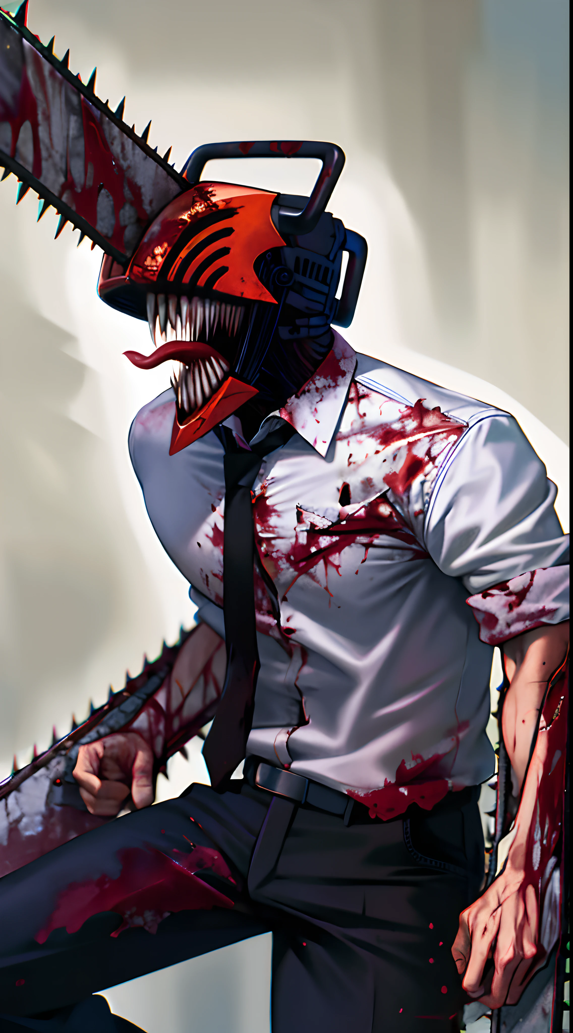 masterpiece, best quality, highres, monster boy, djb, sharp teeth, chainsaw, blood on clothes, blood on weapon, collared shirt, black pants, tongue out,